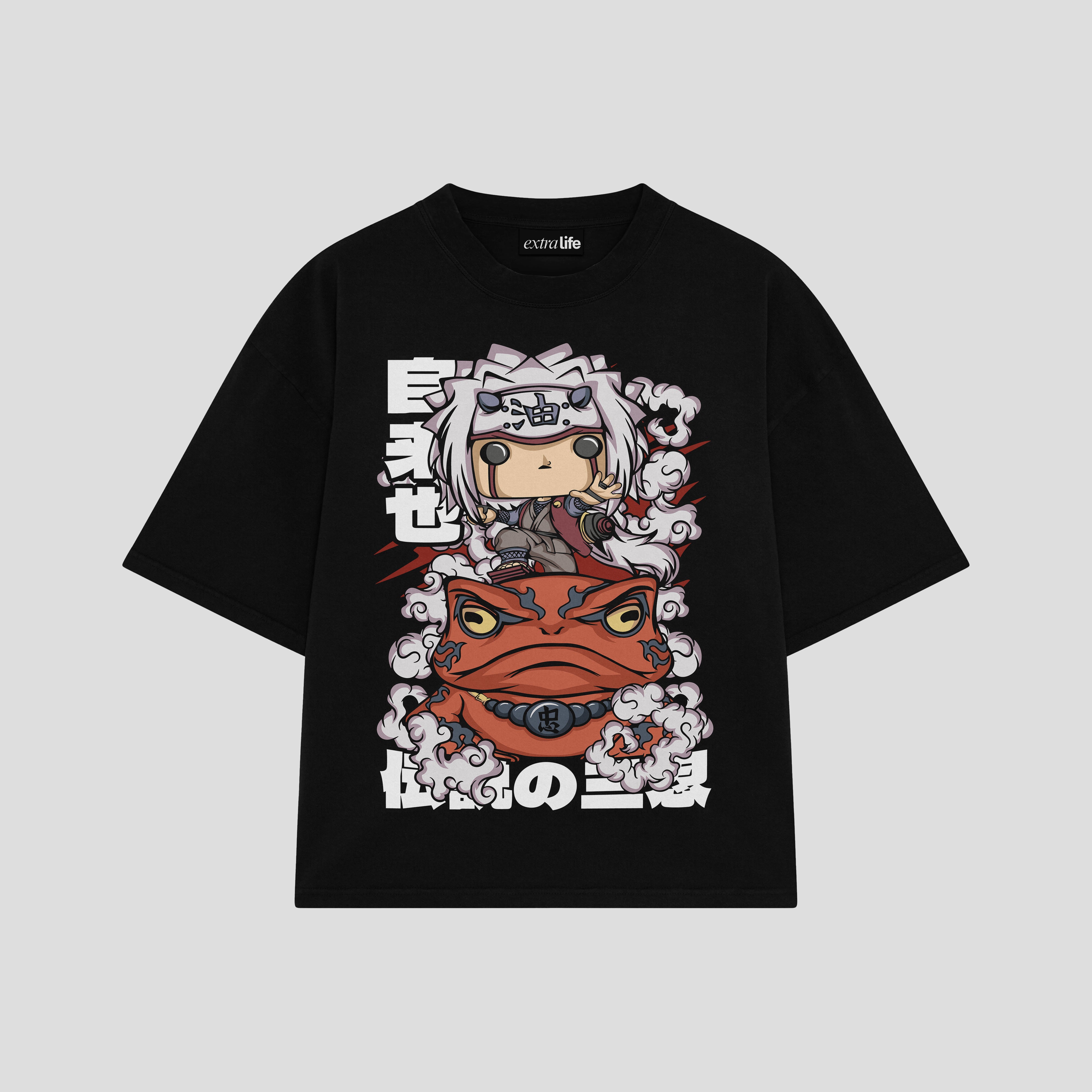 Playera streetwear premium de anime y gaming ExtraLife MX, corte boxy oversized drop shoulder heavyweight en color Deep Black y Off-White, moda urbana mexicana de culto.