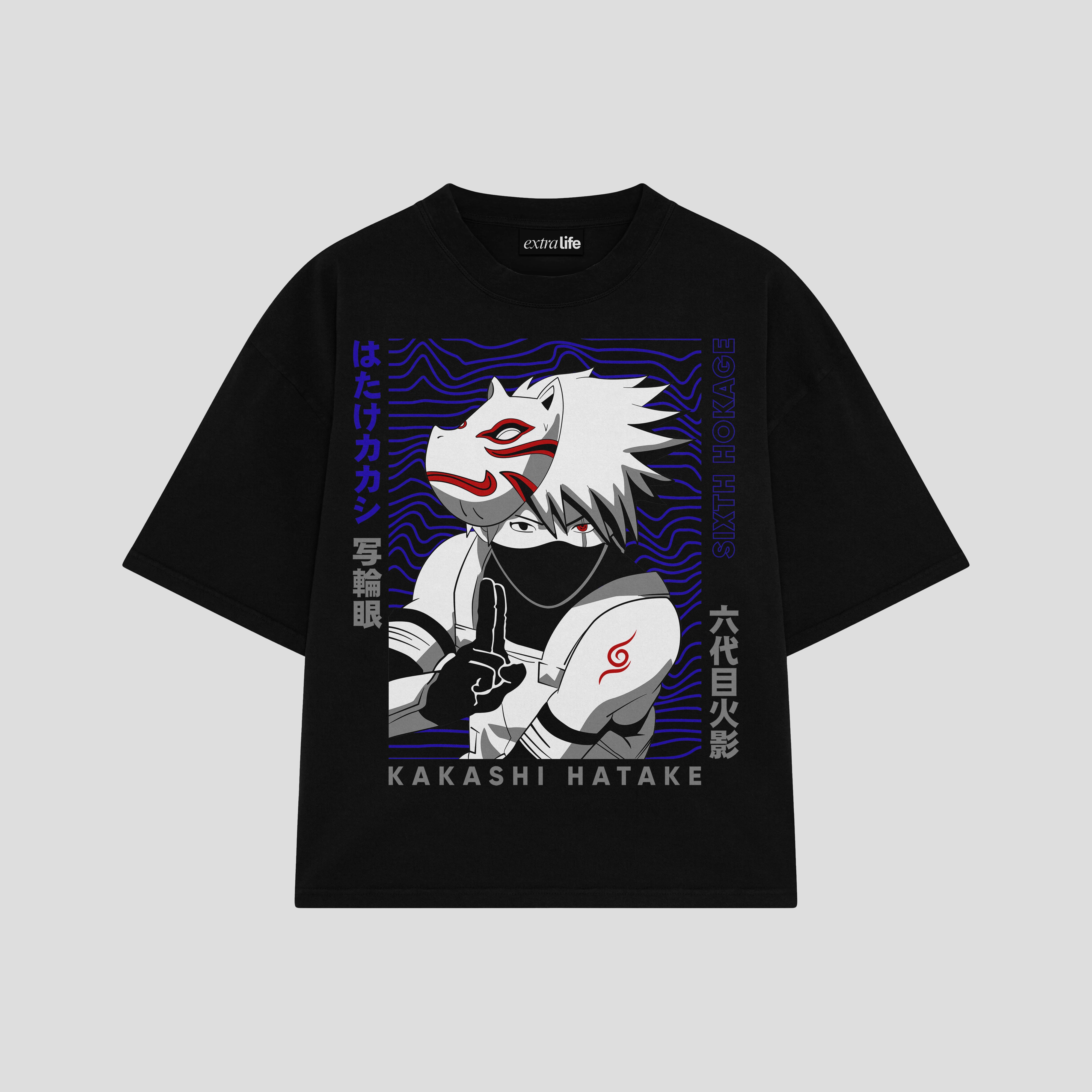 Playera streetwear premium de anime y gaming ExtraLife MX, corte boxy oversized drop shoulder heavyweight en color Deep Black y Off-White, moda urbana mexicana de culto.