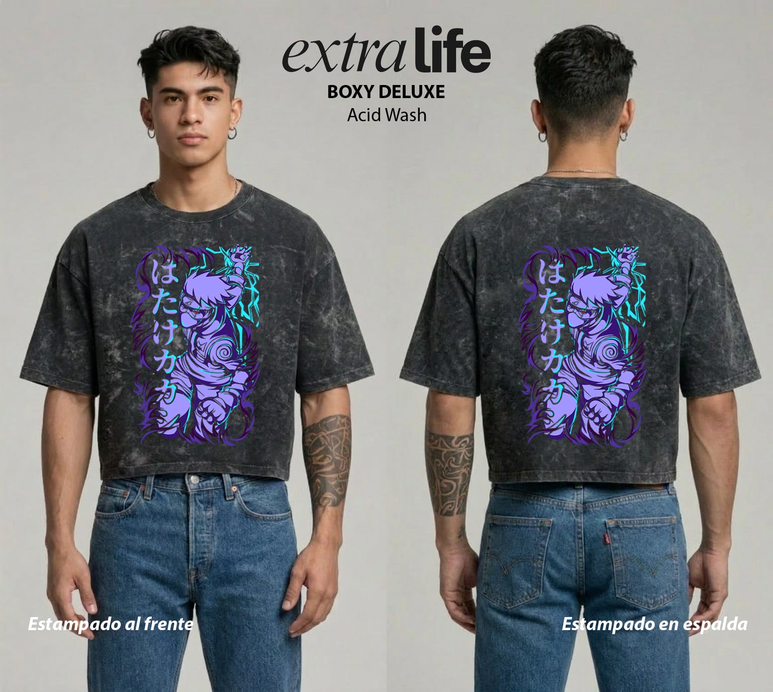 Playera streetwear premium de anime y gaming ExtraLife MX, corte boxy deluxe mineral wash heavyweight en color Acid Wash, moda urbana mexicana de culto.
