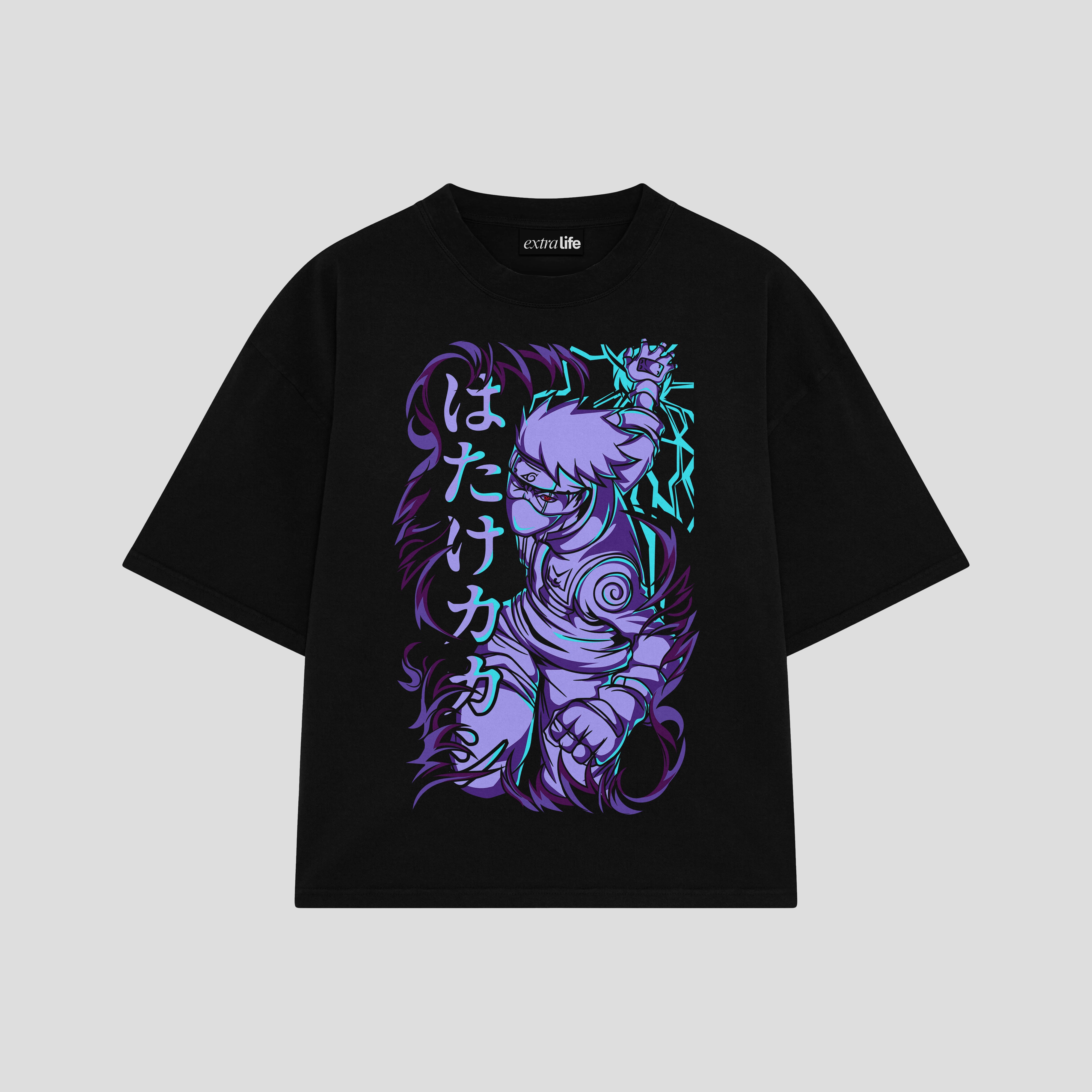 Playera streetwear premium de anime y gaming ExtraLife MX, corte boxy oversized drop shoulder heavyweight en color Deep Black y Off-White, moda urbana mexicana de culto.
