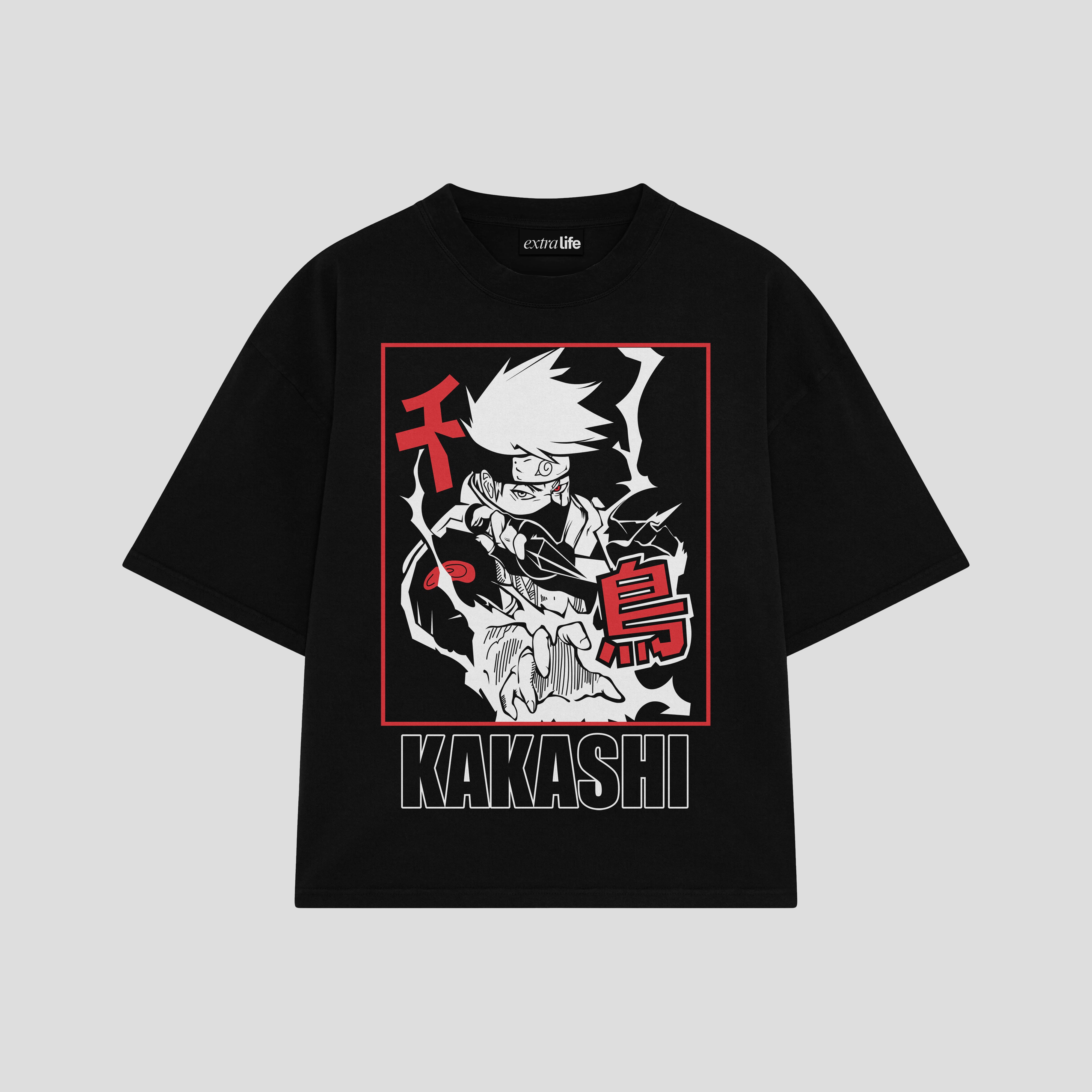Playera streetwear premium de anime y gaming ExtraLife MX, corte boxy oversized drop shoulder heavyweight en color Deep Black y Off-White, moda urbana mexicana de culto.