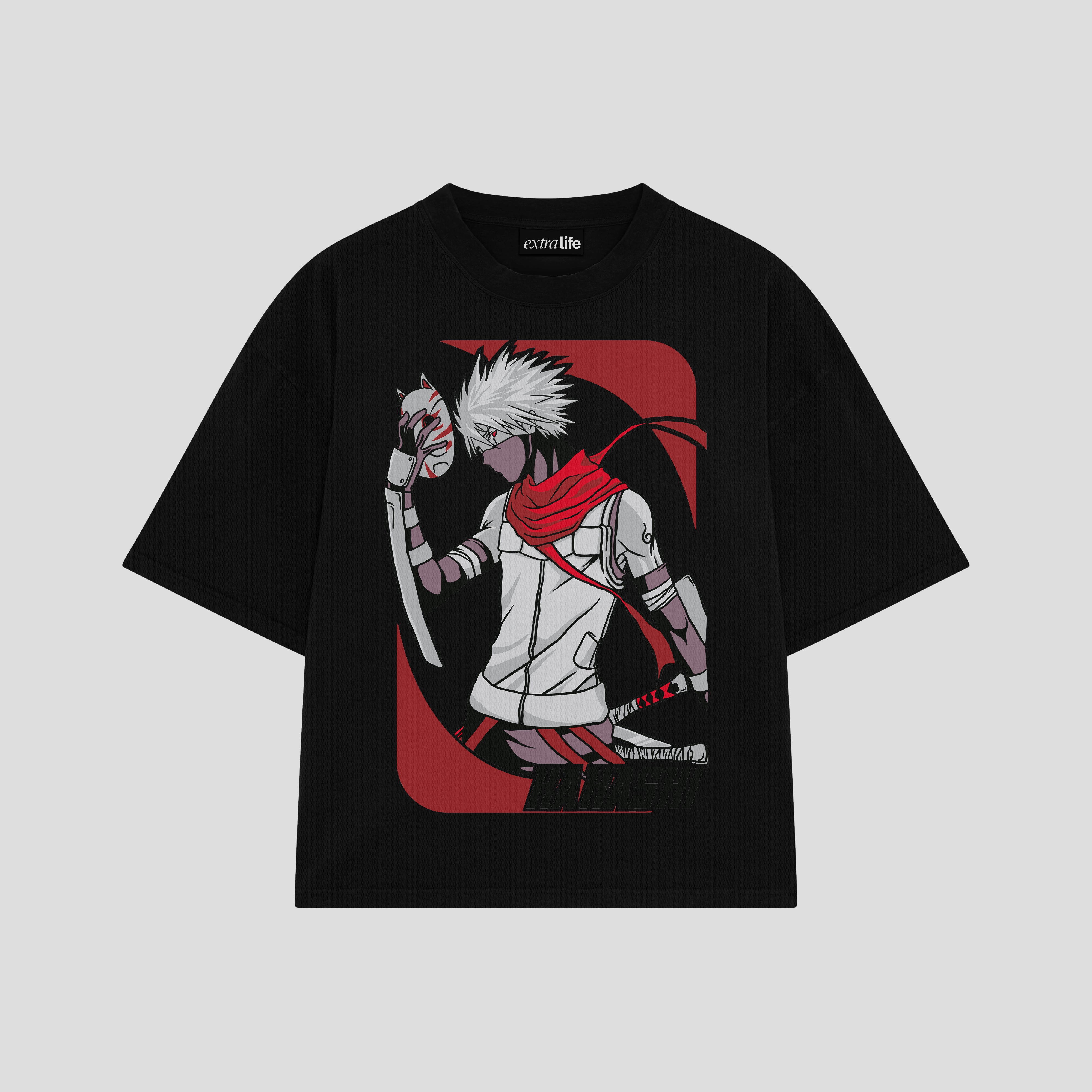 Playera streetwear premium de anime y gaming ExtraLife MX, corte boxy oversized drop shoulder heavyweight en color Deep Black y Off-White, moda urbana mexicana de culto.