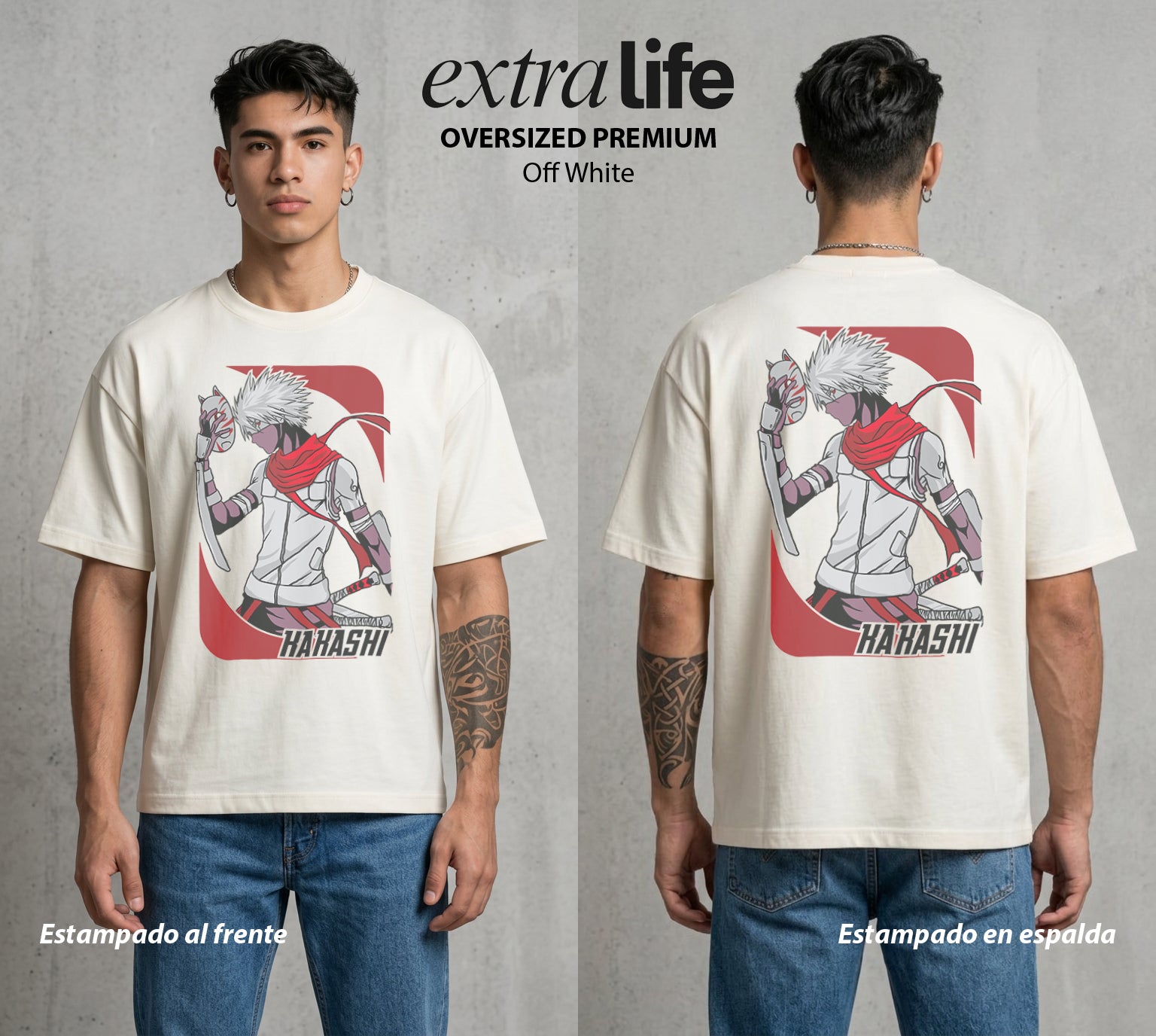 La Aldea Oculta | Ninja de la Hoja #02817 - Playera Oversized Premium | Off White - Foto en modelo