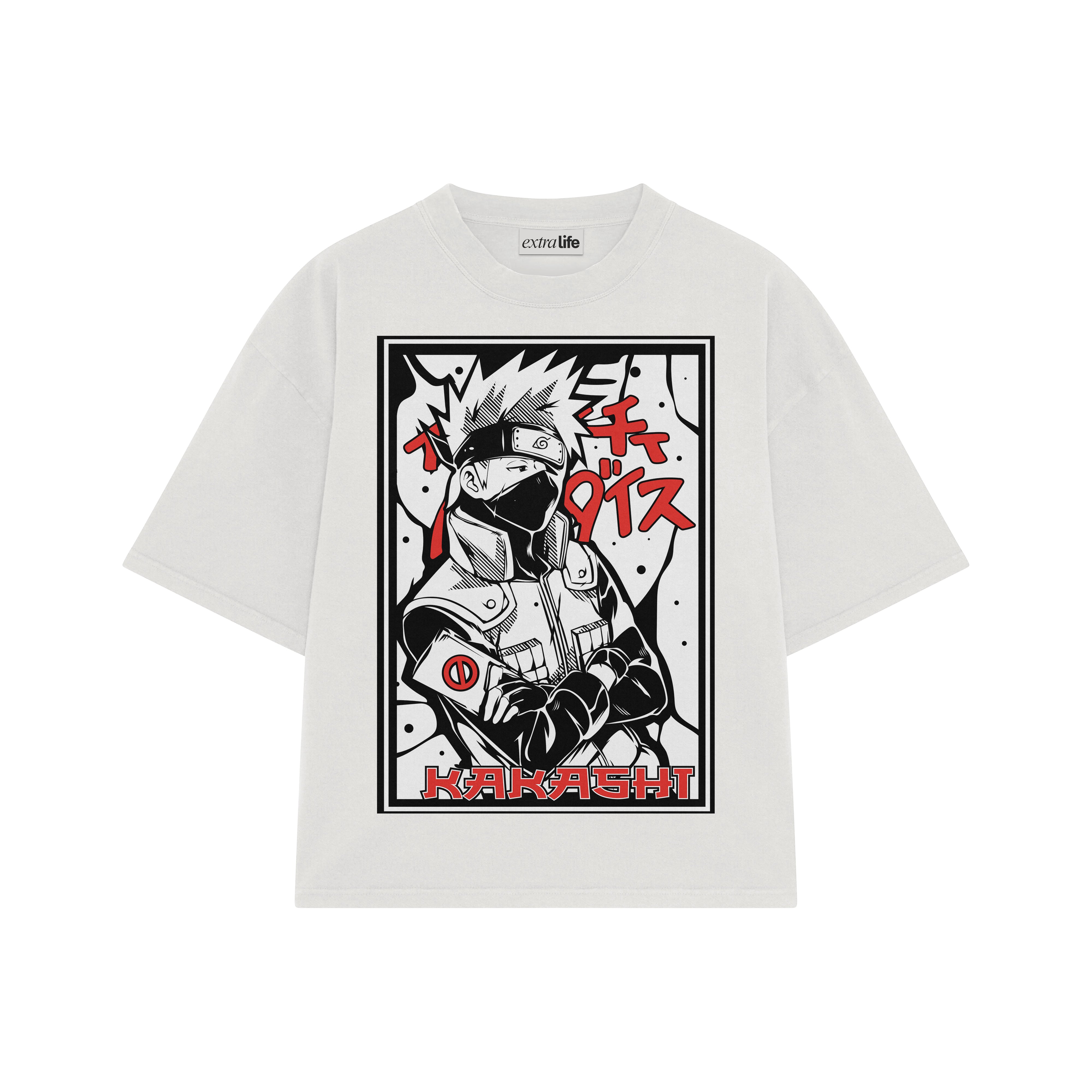 Playera streetwear premium de anime y gaming ExtraLife MX, corte boxy oversized drop shoulder heavyweight en color Deep Black y Off-White, moda urbana mexicana de culto.