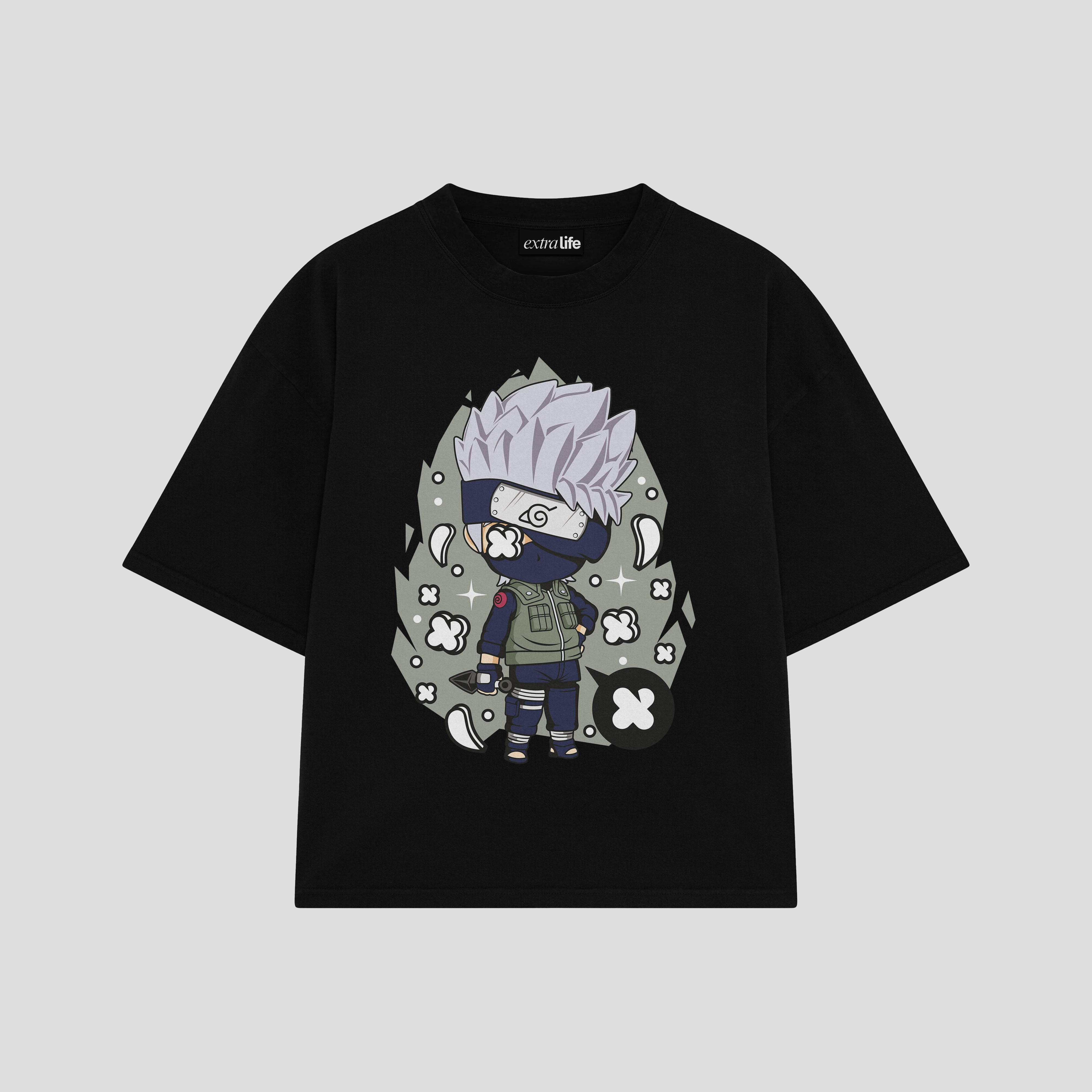 Playera streetwear premium de anime y gaming ExtraLife MX, corte boxy oversized drop shoulder heavyweight en color Deep Black y Off-White, moda urbana mexicana de culto.