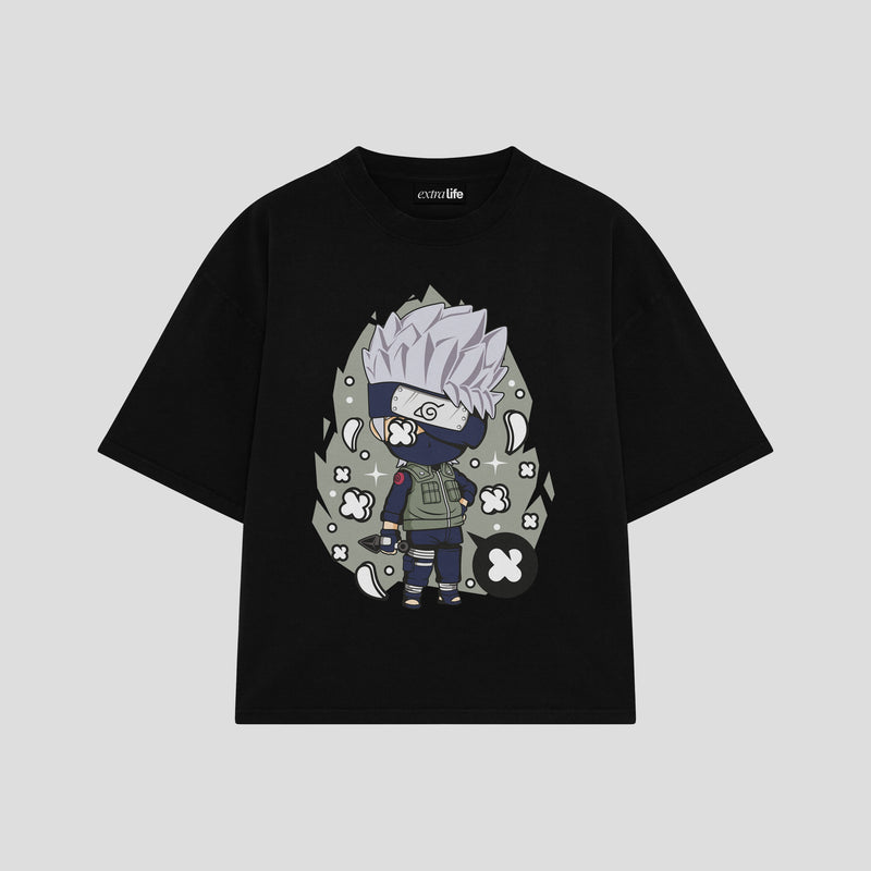 Playera streetwear premium de anime y gaming ExtraLife MX, corte boxy oversized drop shoulder heavyweight en color Deep Black y Off-White, moda urbana mexicana de culto.