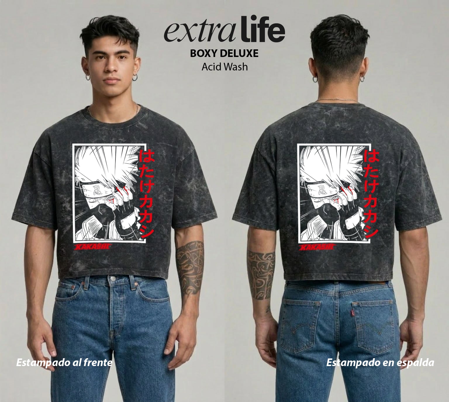 Playera streetwear premium de anime y gaming ExtraLife MX, corte boxy deluxe mineral wash heavyweight en color Acid Wash, moda urbana mexicana de culto.