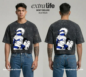 Playera streetwear premium de anime y gaming ExtraLife MX, corte boxy deluxe mineral wash heavyweight en color Acid Wash, moda urbana mexicana de culto.