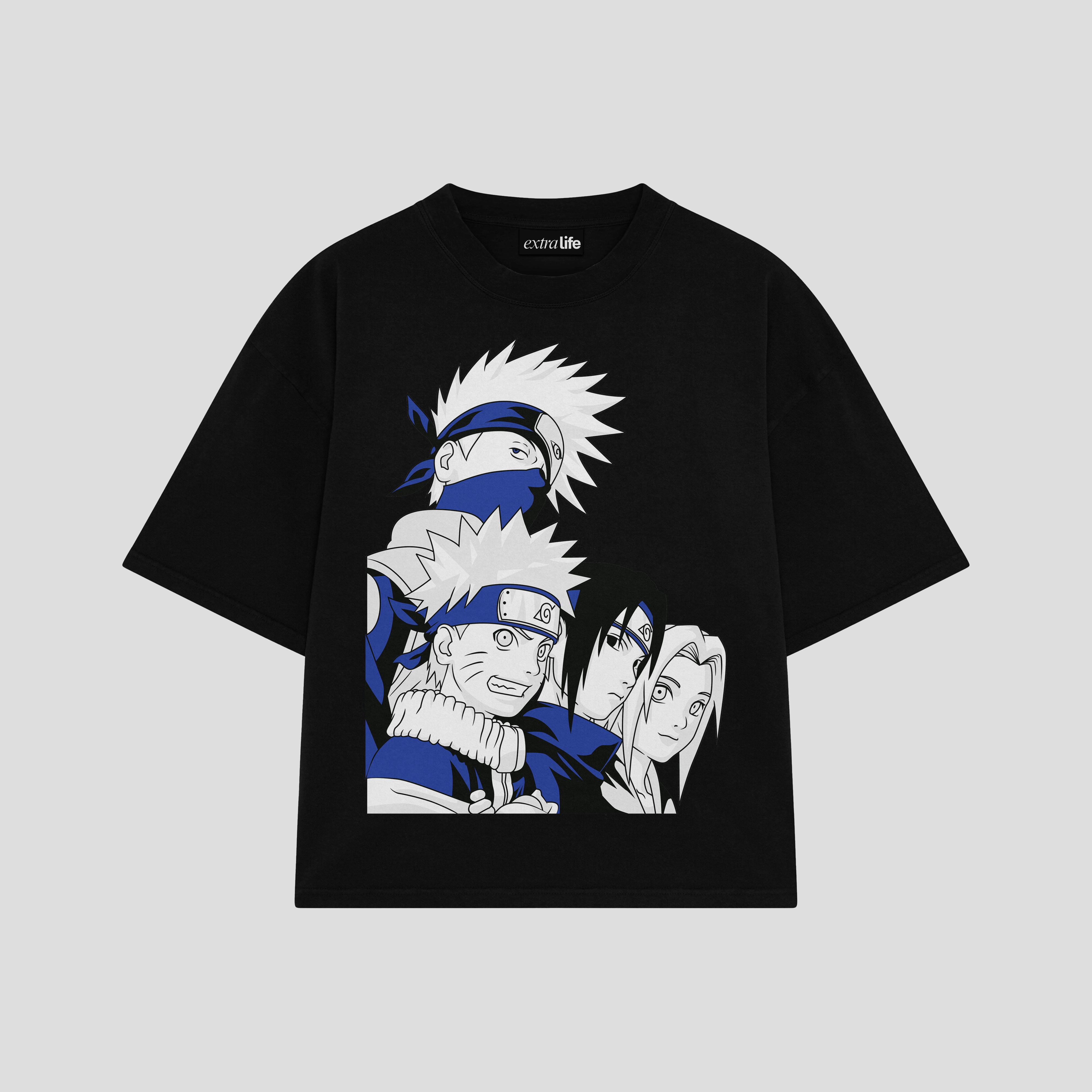 Playera streetwear premium de anime y gaming ExtraLife MX, corte boxy oversized drop shoulder heavyweight en color Deep Black y Off-White, moda urbana mexicana de culto.