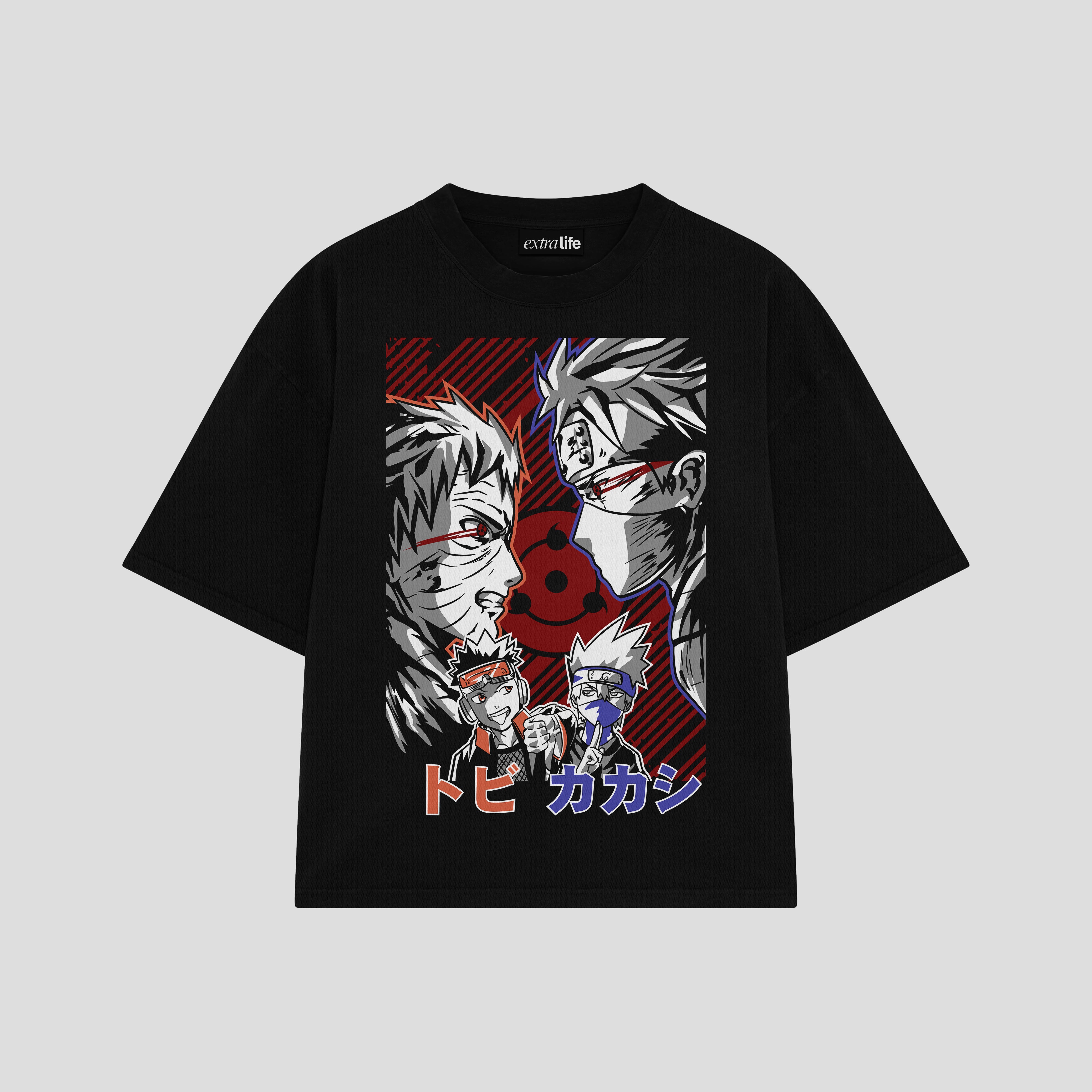 Playera streetwear premium de anime y gaming ExtraLife MX, corte boxy oversized drop shoulder heavyweight en color Deep Black y Off-White, moda urbana mexicana de culto.