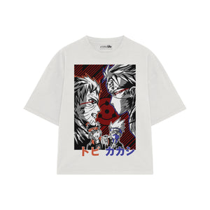 Playera streetwear premium de anime y gaming ExtraLife MX, corte boxy oversized drop shoulder heavyweight en color Deep Black y Off-White, moda urbana mexicana de culto.