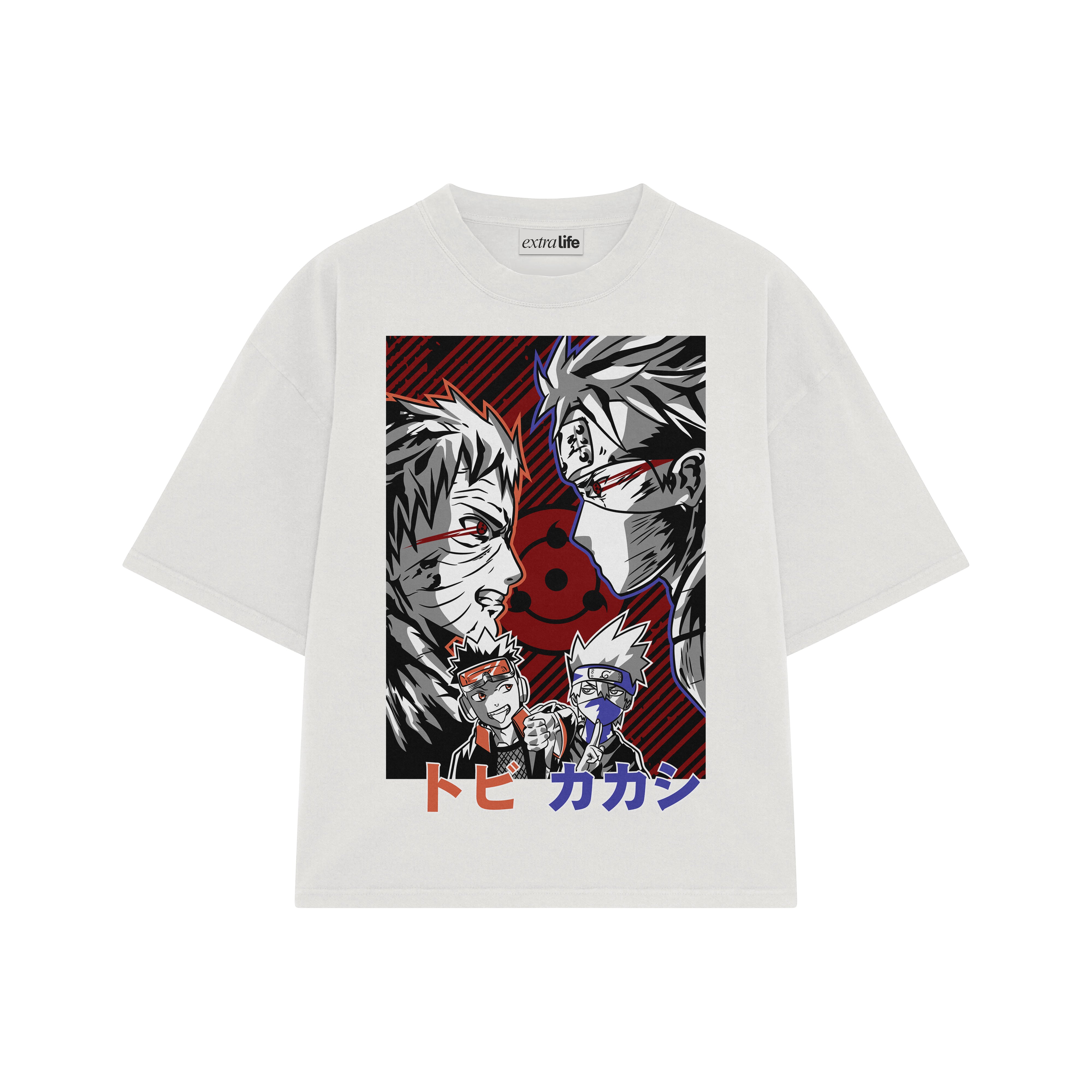 Playera streetwear premium de anime y gaming ExtraLife MX, corte boxy oversized drop shoulder heavyweight en color Deep Black y Off-White, moda urbana mexicana de culto.