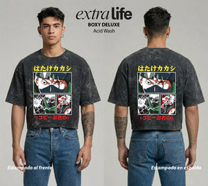 Playera streetwear premium de anime y gaming ExtraLife MX, corte boxy deluxe mineral wash heavyweight en color Acid Wash, moda urbana mexicana de culto.