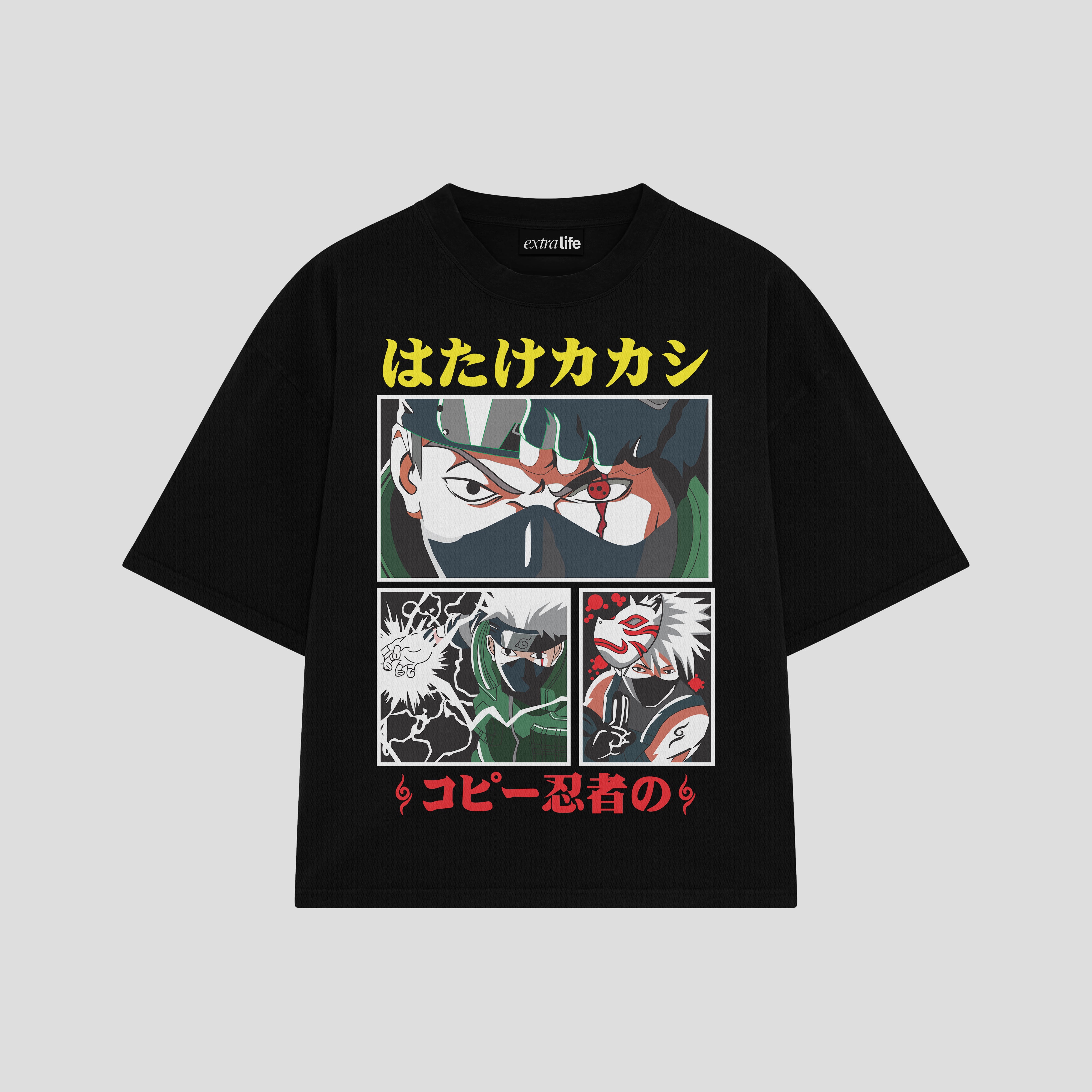 Playera streetwear premium de anime y gaming ExtraLife MX, corte boxy oversized drop shoulder heavyweight en color Deep Black y Off-White, moda urbana mexicana de culto.