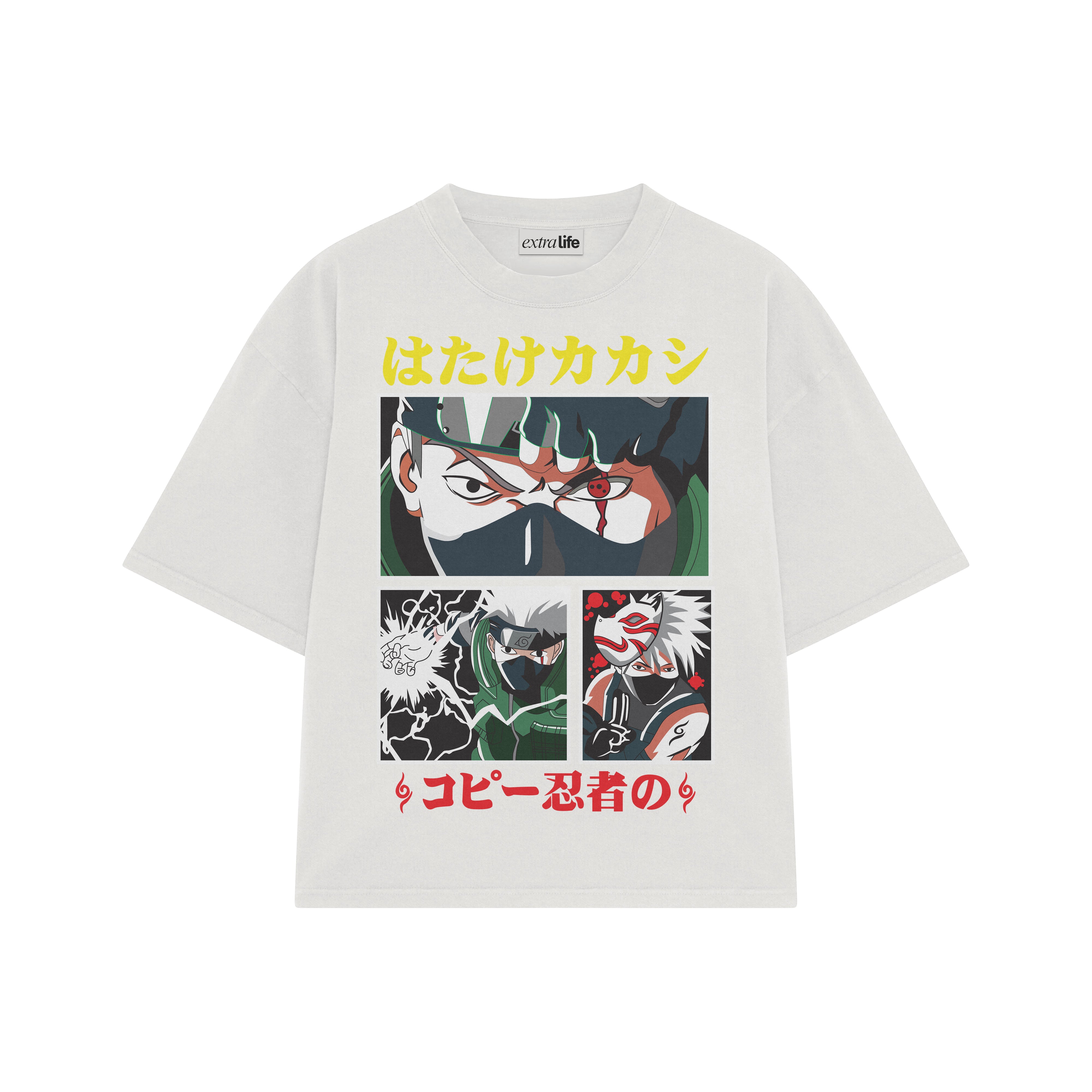 Playera streetwear premium de anime y gaming ExtraLife MX, corte boxy oversized drop shoulder heavyweight en color Deep Black y Off-White, moda urbana mexicana de culto.