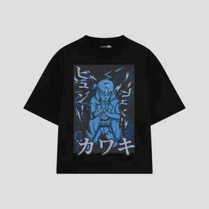 Playera streetwear premium de anime y gaming ExtraLife MX, corte boxy oversized drop shoulder heavyweight en color Deep Black y Off-White, moda urbana mexicana de culto.