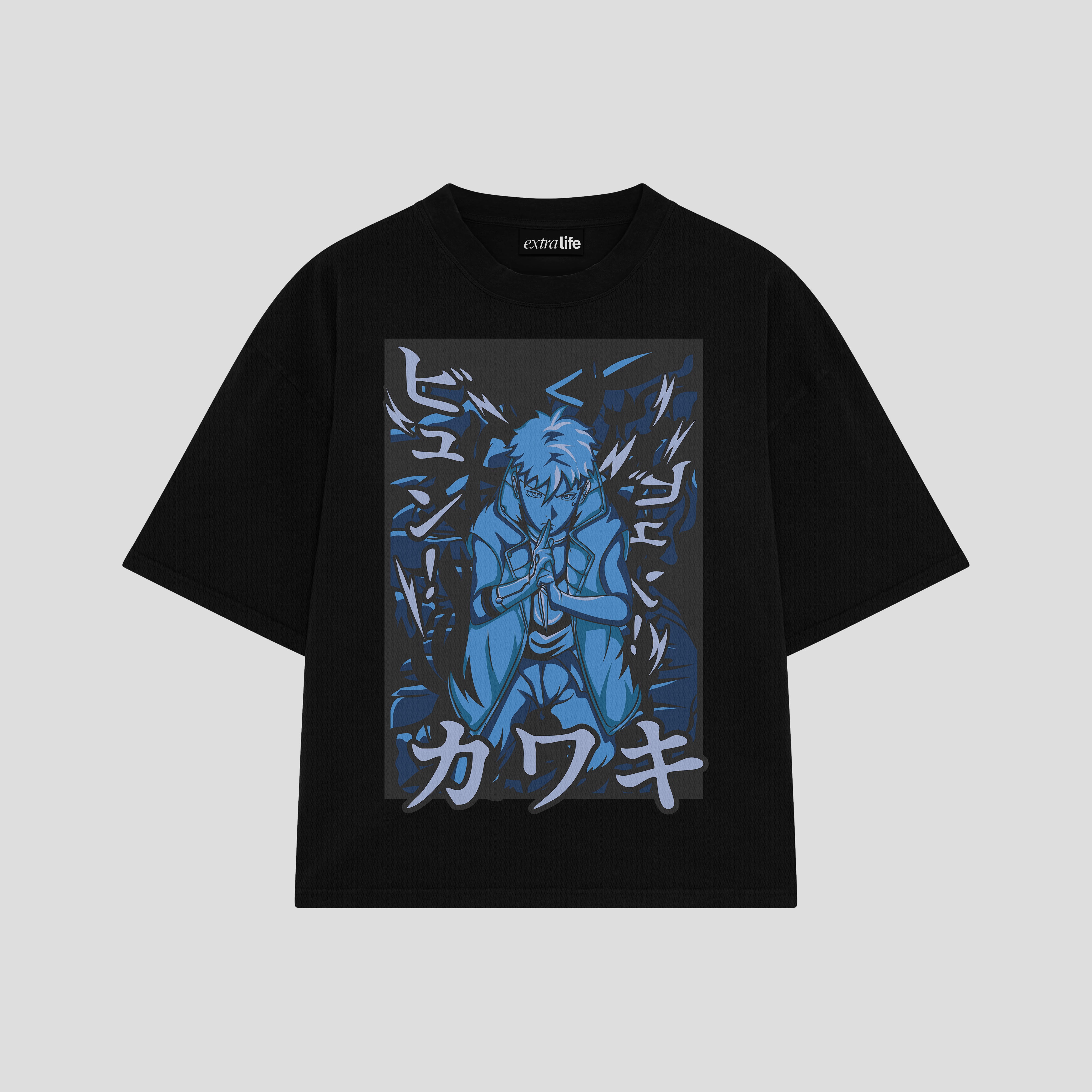 Playera streetwear premium de anime y gaming ExtraLife MX, corte boxy oversized drop shoulder heavyweight en color Deep Black y Off-White, moda urbana mexicana de culto.