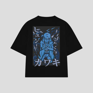 Playera streetwear premium de anime y gaming ExtraLife MX, corte boxy oversized drop shoulder heavyweight en color Deep Black y Off-White, moda urbana mexicana de culto.