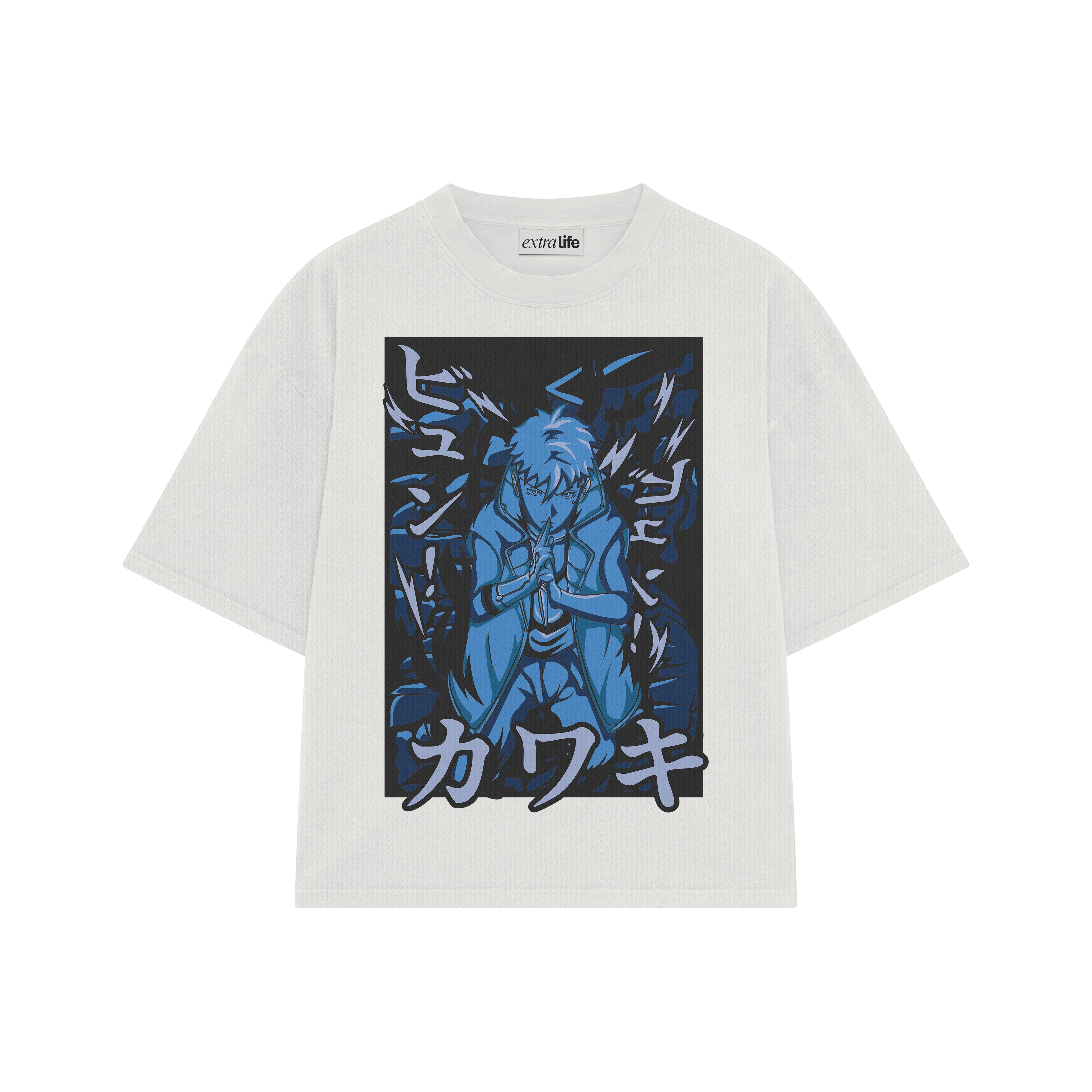 Playera streetwear premium de anime y gaming ExtraLife MX, corte boxy oversized drop shoulder heavyweight en color Deep Black y Off-White, moda urbana mexicana de culto.