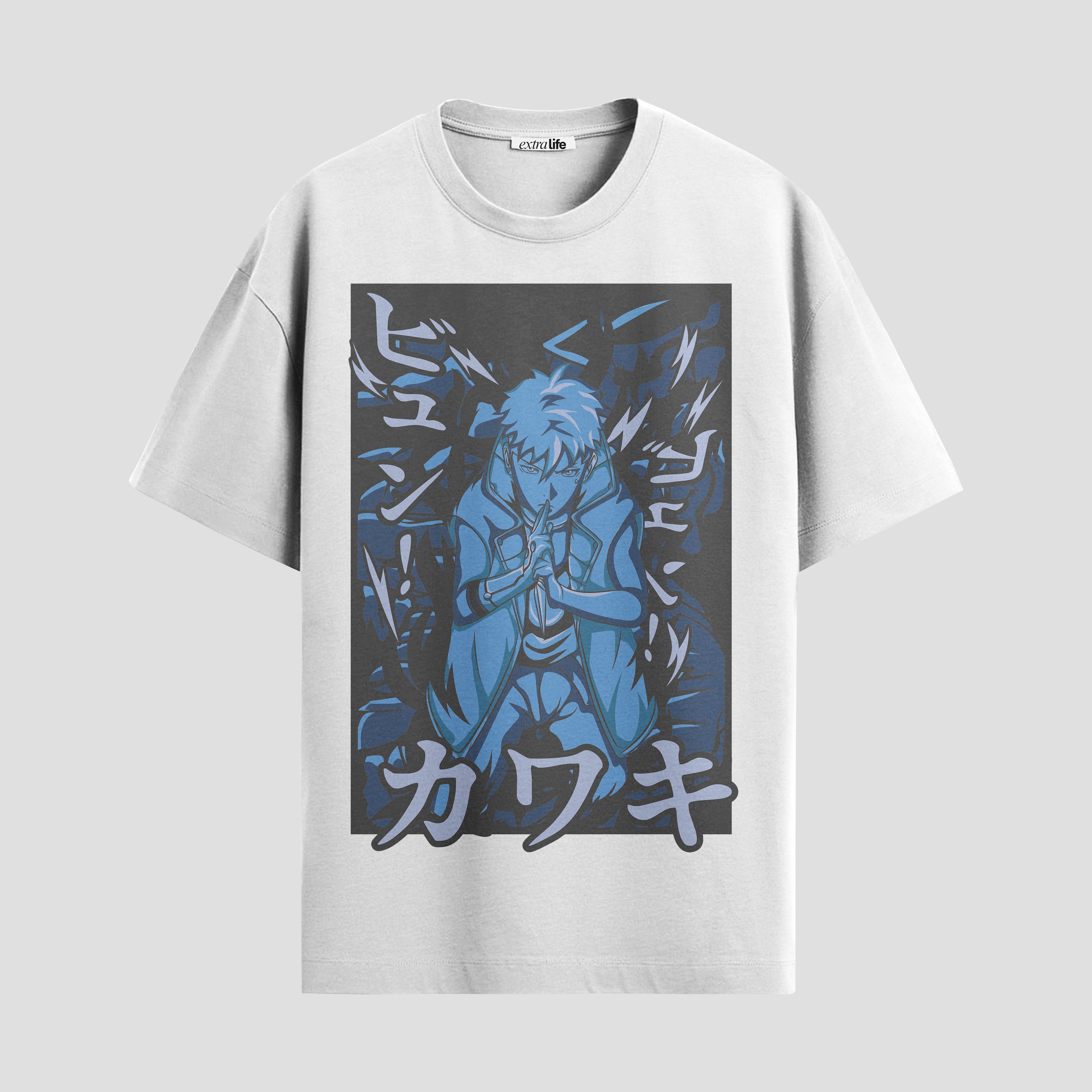 Playera urbana de anime y gaming ExtraLife MX, corte Standard Fit unisex ligero y transpirable en color Deep Black y Pure White, ropa de uso diario para gym y casual.