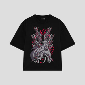 Playera streetwear premium de anime y gaming ExtraLife MX, corte boxy oversized drop shoulder heavyweight en color Deep Black y Off-White, moda urbana mexicana de culto.