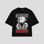 Playera streetwear premium de anime y gaming ExtraLife MX, corte boxy oversized drop shoulder heavyweight en color Deep Black y Off-White, moda urbana mexicana de culto.