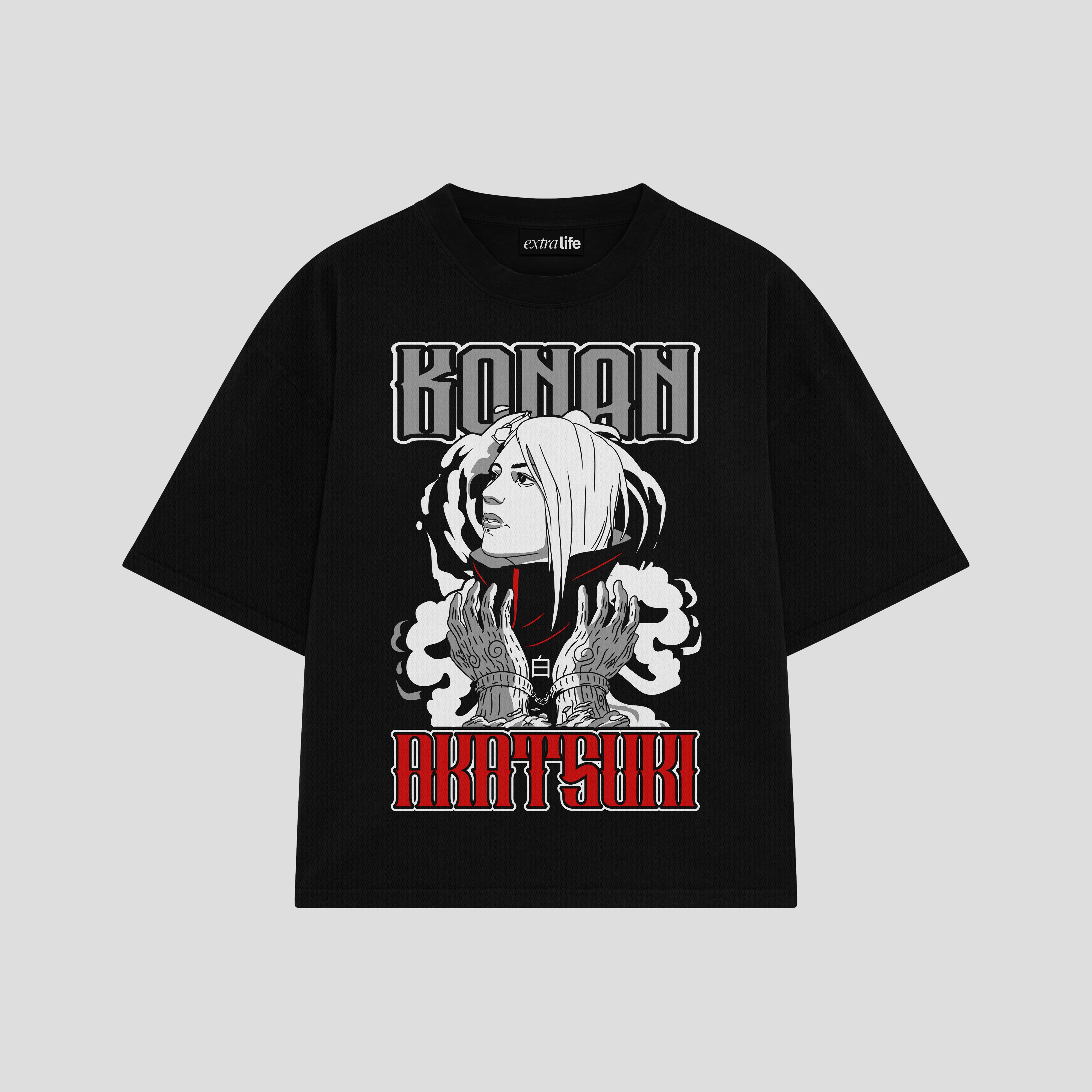 Playera streetwear premium de anime y gaming ExtraLife MX, corte boxy oversized drop shoulder heavyweight en color Deep Black y Off-White, moda urbana mexicana de culto.
