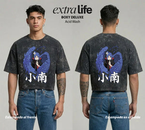 Playera streetwear premium de anime y gaming ExtraLife MX, corte boxy deluxe mineral wash heavyweight en color Acid Wash, moda urbana mexicana de culto.