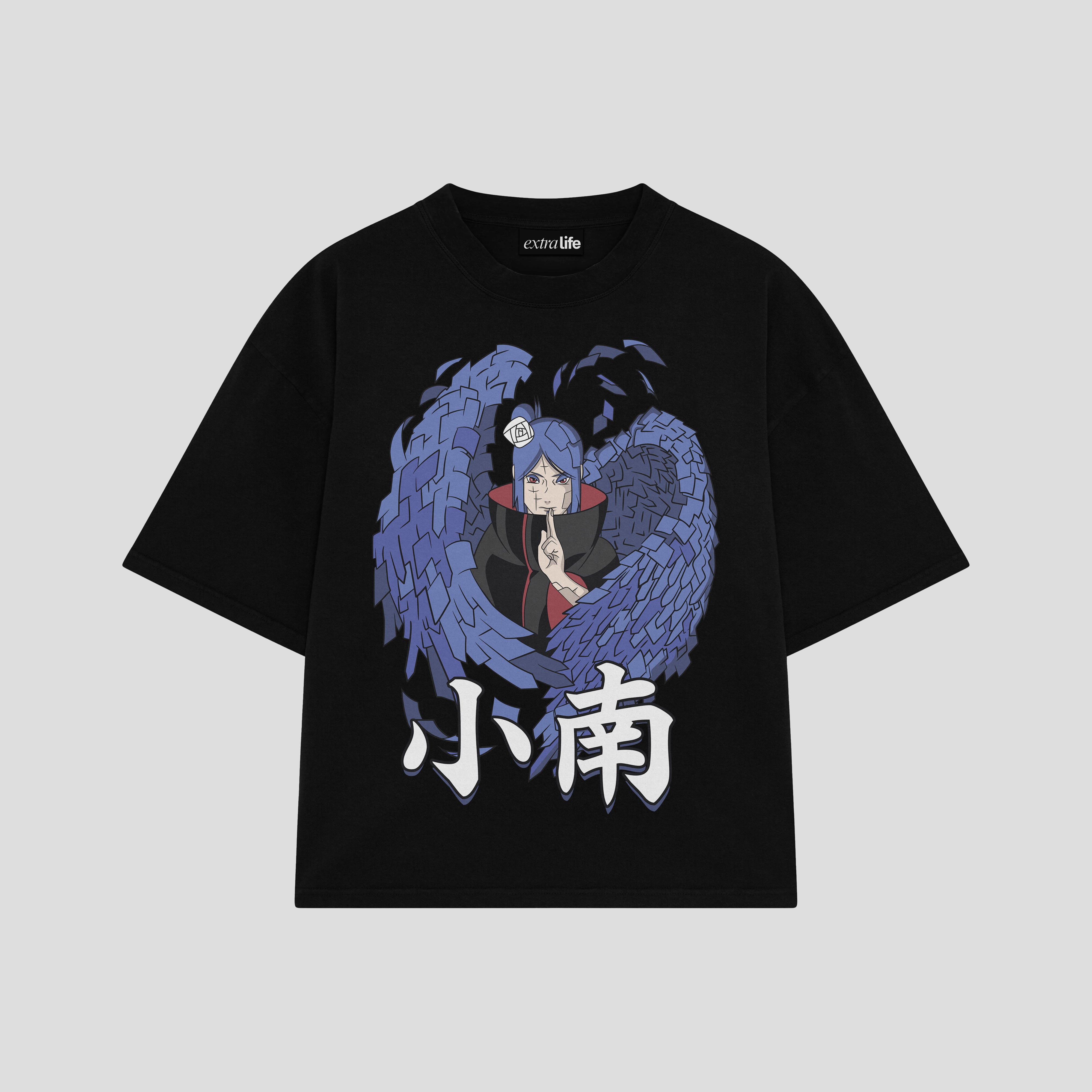 Playera streetwear premium de anime y gaming ExtraLife MX, corte boxy oversized drop shoulder heavyweight en color Deep Black y Off-White, moda urbana mexicana de culto.