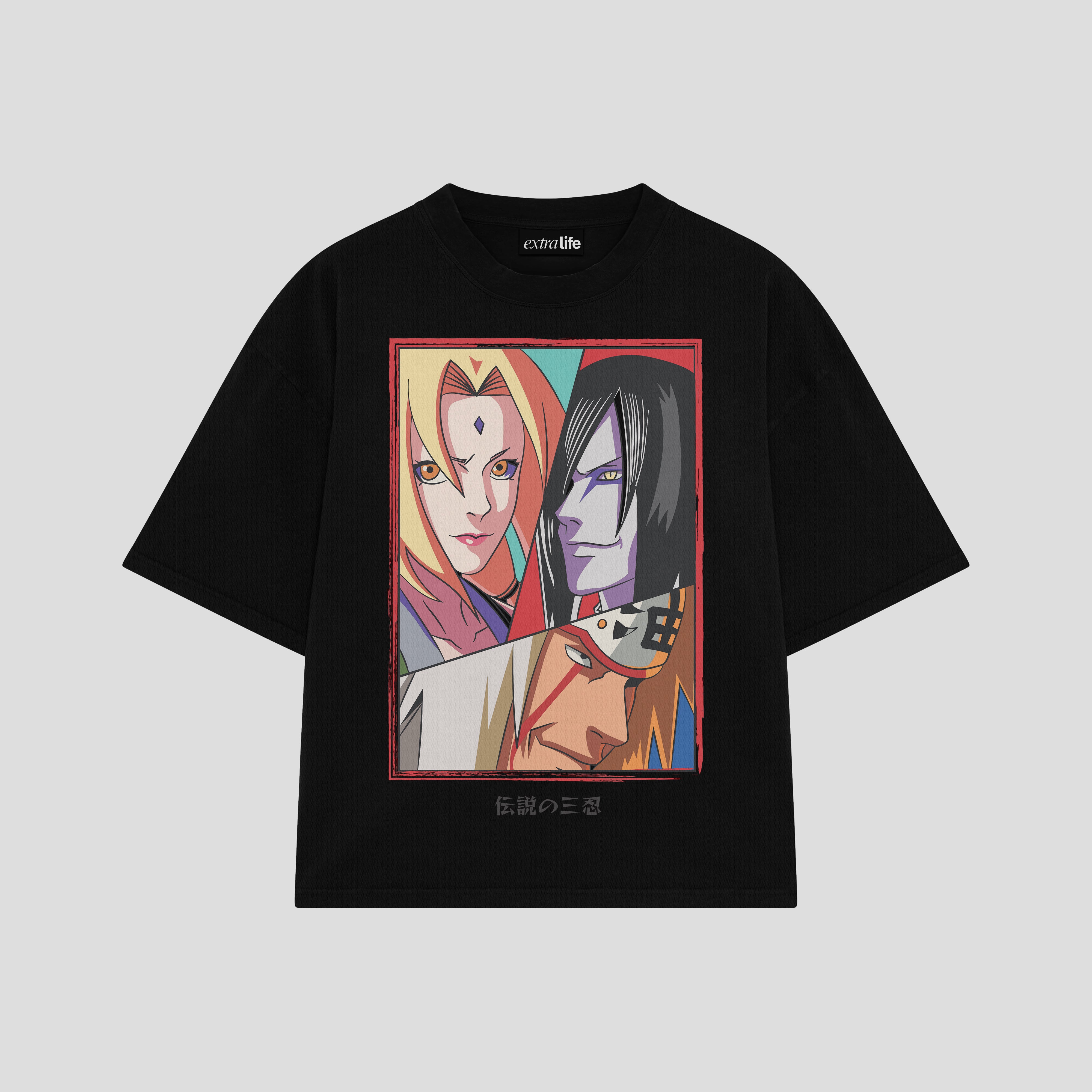 Playera streetwear premium de anime y gaming ExtraLife MX, corte boxy oversized drop shoulder heavyweight en color Deep Black y Off-White, moda urbana mexicana de culto.