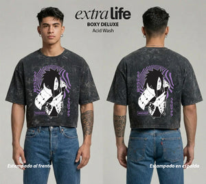 Playera streetwear premium de anime y gaming ExtraLife MX, corte boxy deluxe mineral wash heavyweight en color Acid Wash, moda urbana mexicana de culto.