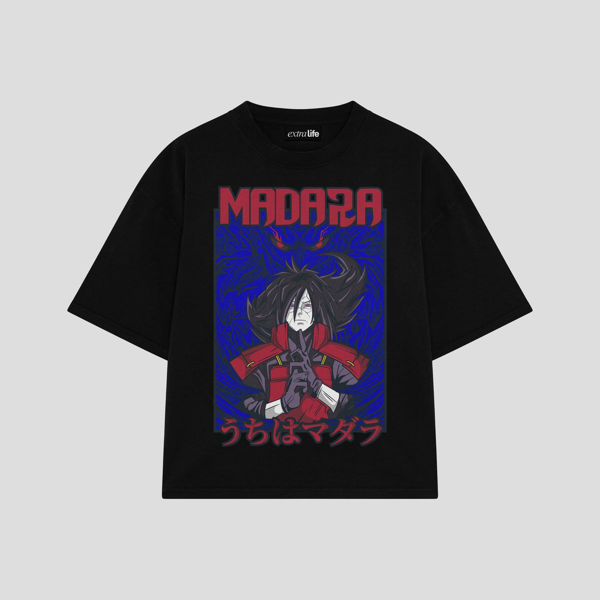 Playera streetwear premium de anime y gaming ExtraLife MX, corte oversized drop shoulder ligero y fresco en color Deep Black y Off-White, moda urbana mexicana de culto.
