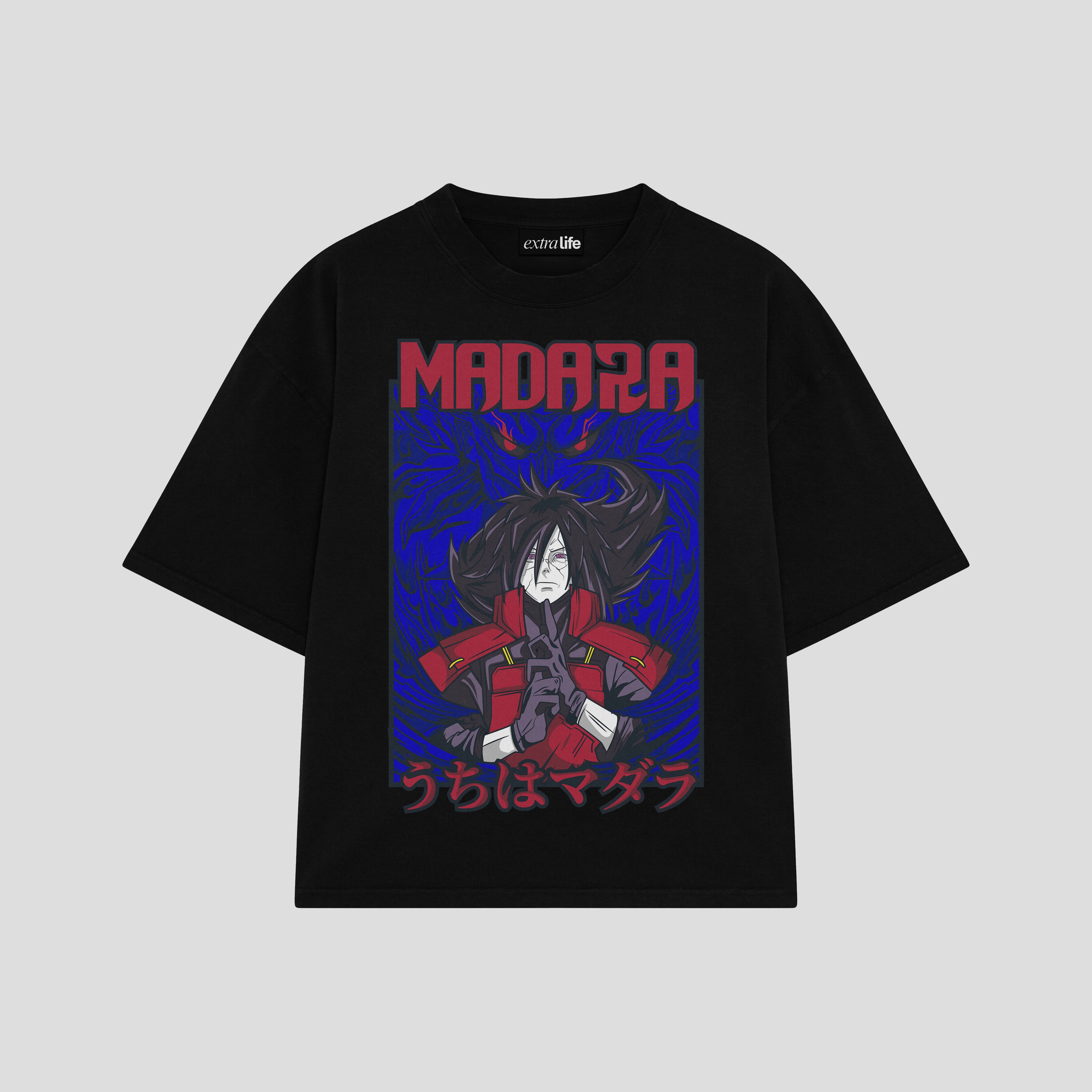 Playera streetwear premium de anime y gaming ExtraLife MX, corte boxy oversized drop shoulder heavyweight en color Deep Black y Off-White, moda urbana mexicana de culto.