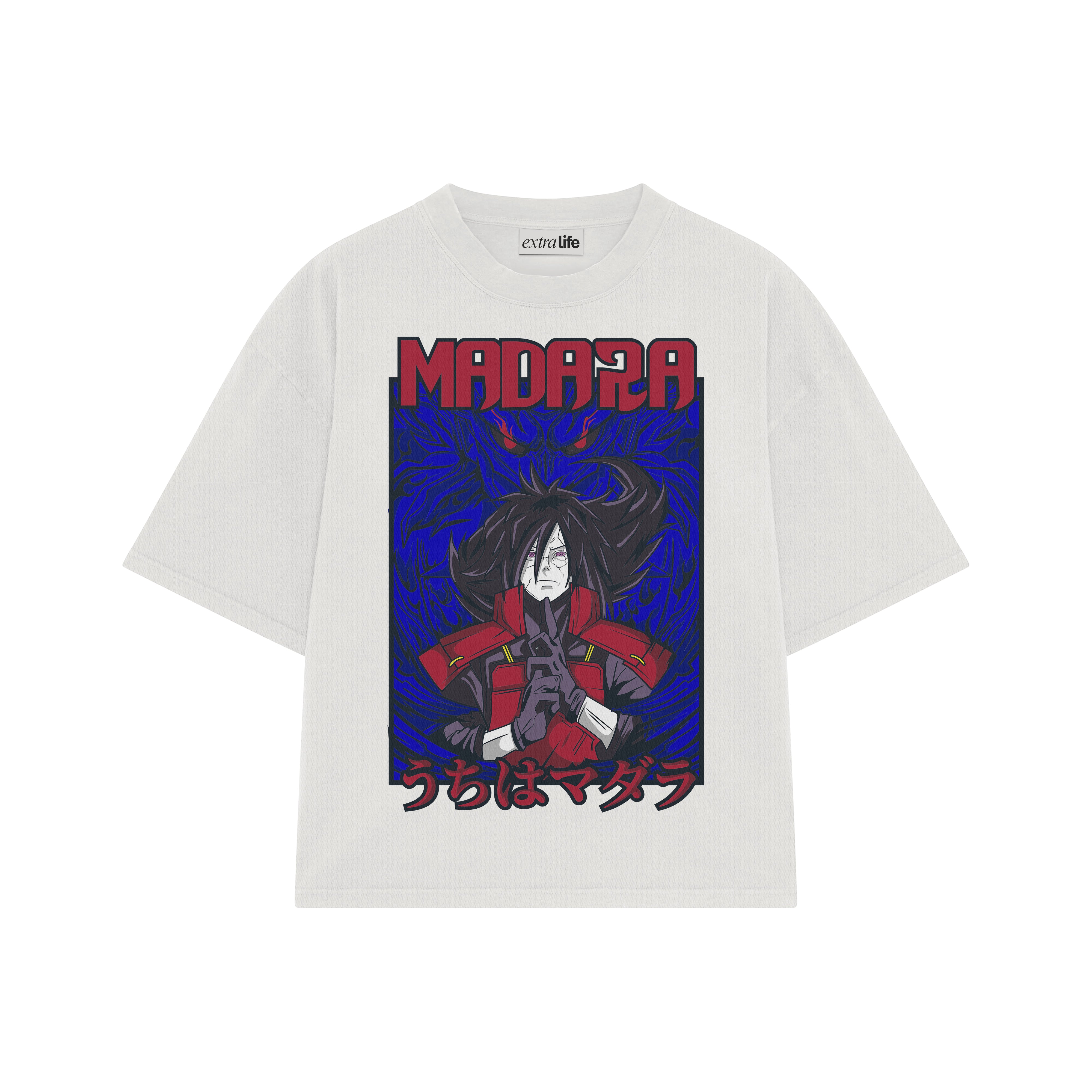 Playera streetwear premium de anime y gaming ExtraLife MX, corte boxy oversized drop shoulder heavyweight en color Deep Black y Off-White, moda urbana mexicana de culto.