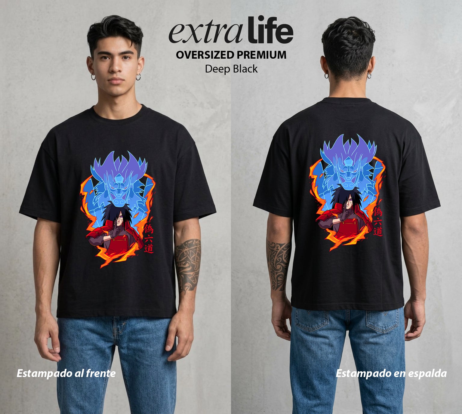 La Aldea Oculta | Zorro de Nueve Colas #02844 - Playera Oversized Premium | Deep Black - Foto en modelo