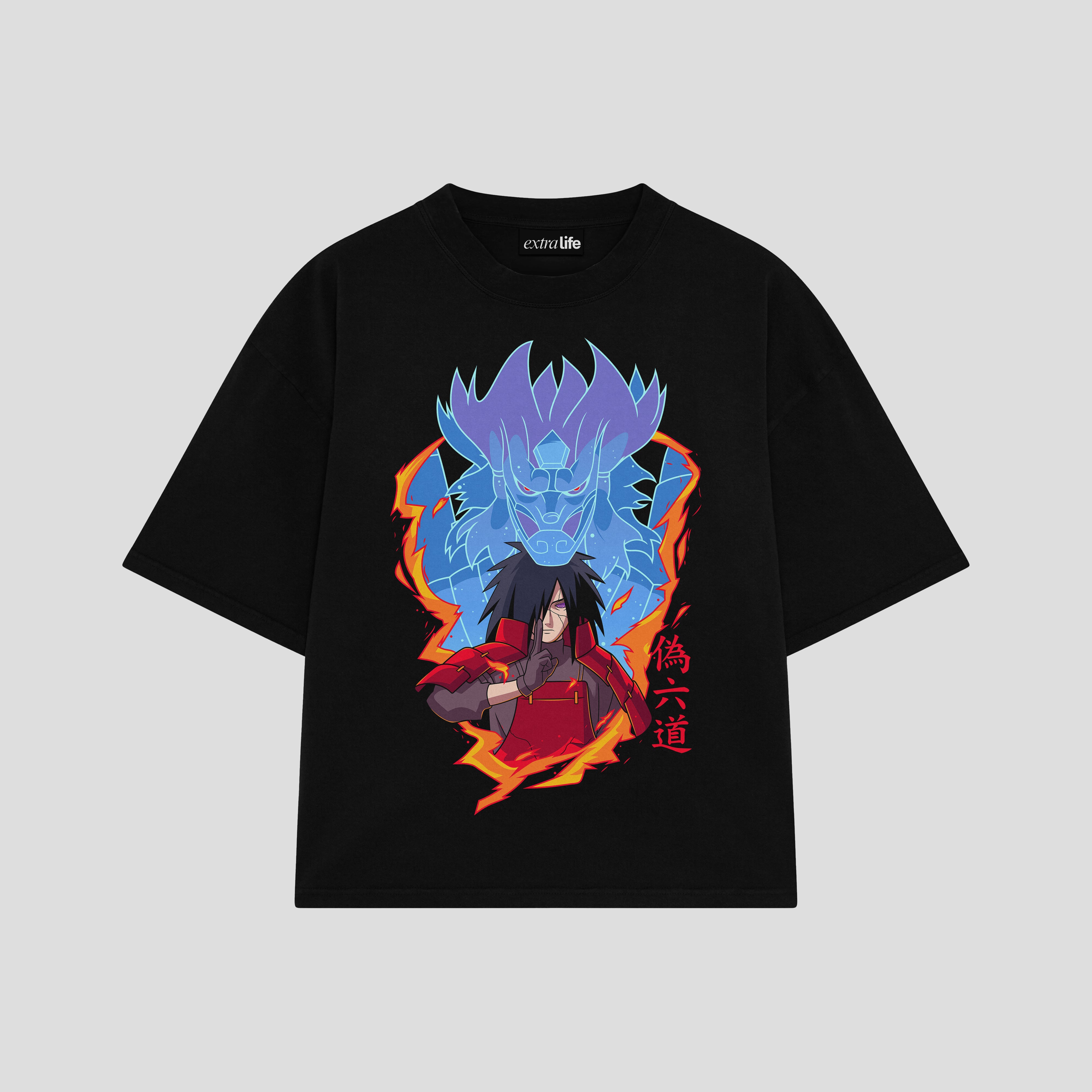Playera streetwear premium de anime y gaming ExtraLife MX, corte boxy oversized drop shoulder heavyweight en color Deep Black y Off-White, moda urbana mexicana de culto.