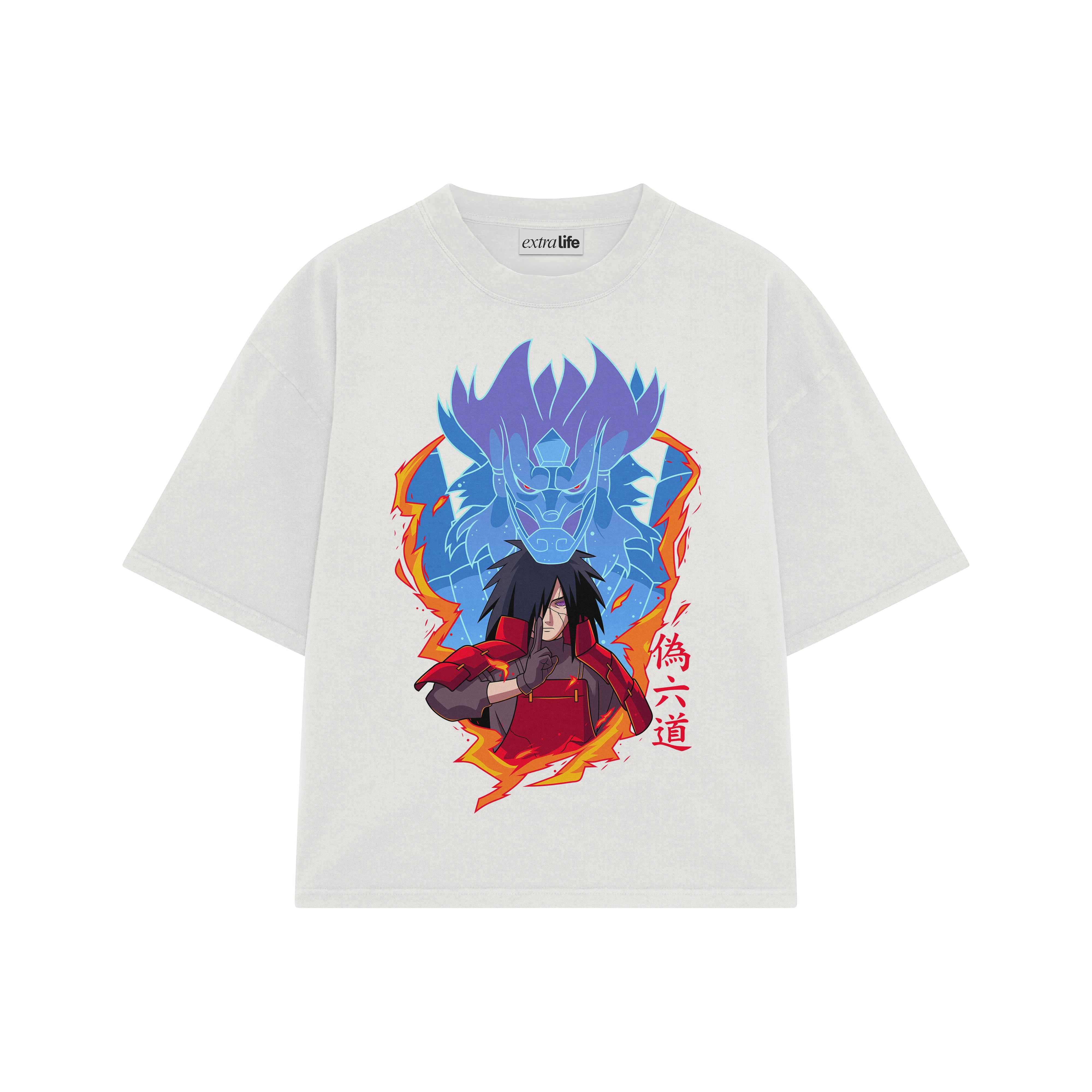 Playera streetwear premium de anime y gaming ExtraLife MX, corte boxy oversized drop shoulder heavyweight en color Deep Black y Off-White, moda urbana mexicana de culto.
