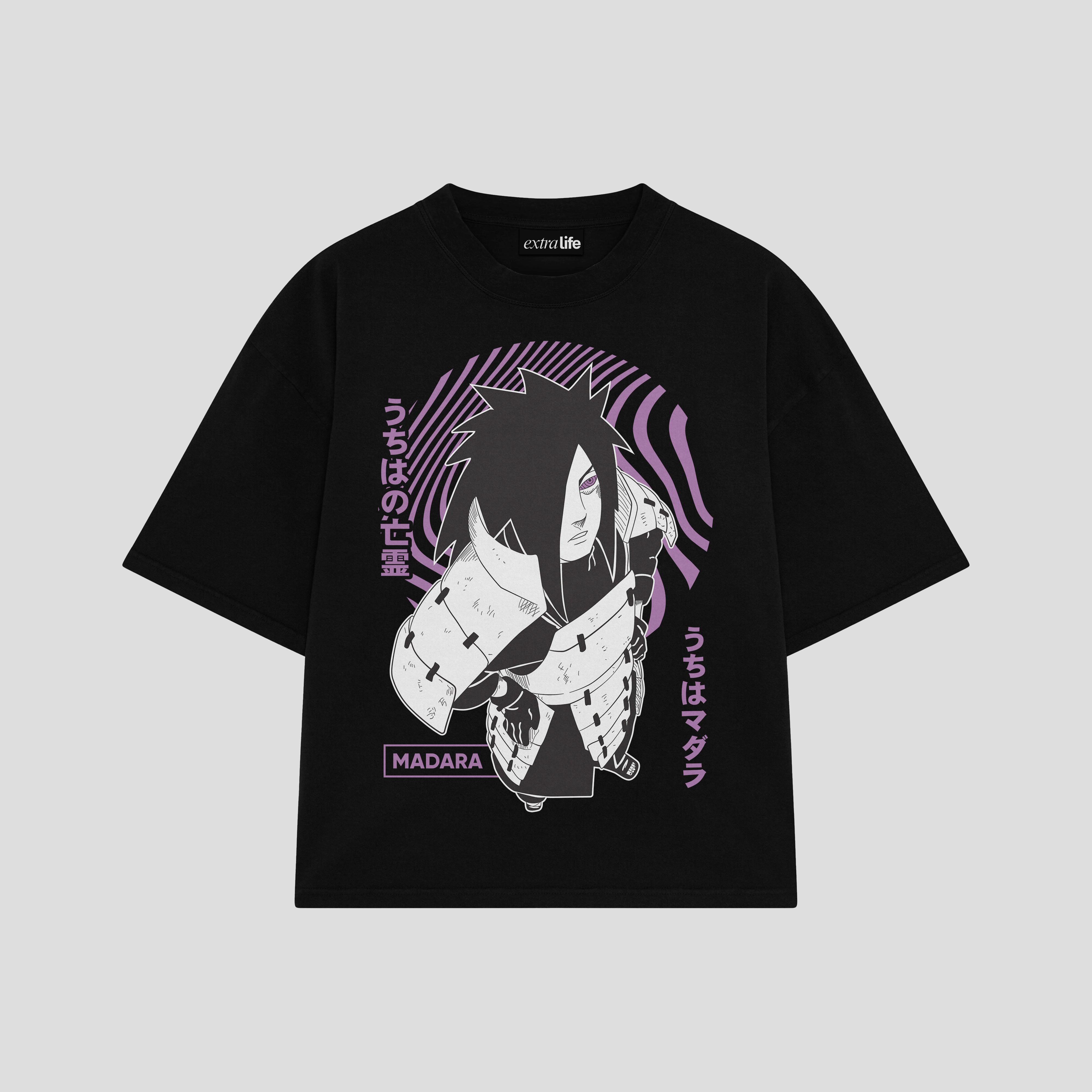 Playera streetwear premium de anime y gaming ExtraLife MX, corte boxy oversized drop shoulder heavyweight en color Deep Black y Off-White, moda urbana mexicana de culto.