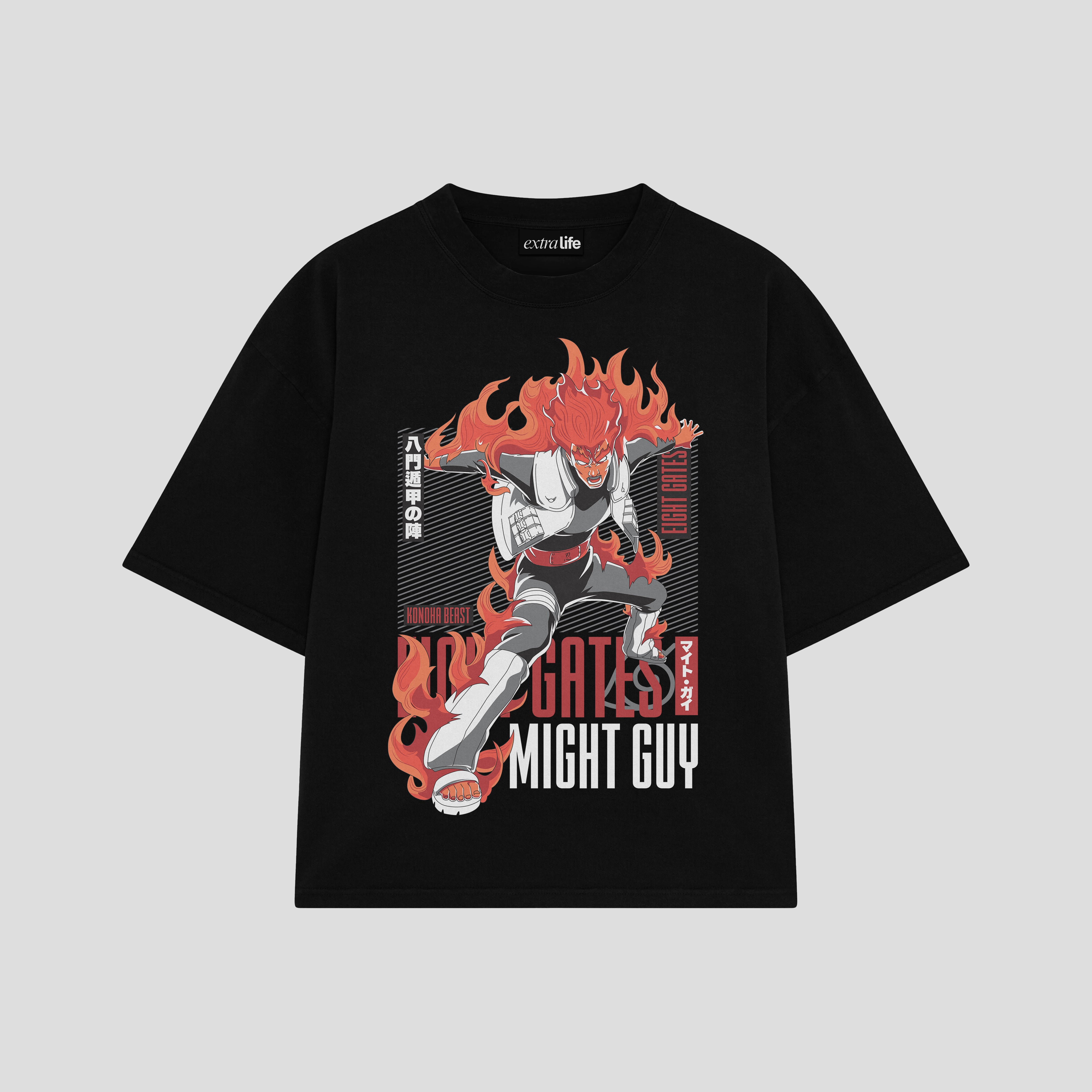 Playera streetwear premium de anime y gaming ExtraLife MX, corte boxy oversized drop shoulder heavyweight en color Deep Black y Off-White, moda urbana mexicana de culto.