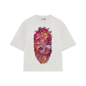 Playera streetwear premium de anime y gaming ExtraLife MX, corte boxy oversized drop shoulder heavyweight en color Deep Black y Off-White, moda urbana mexicana de culto.