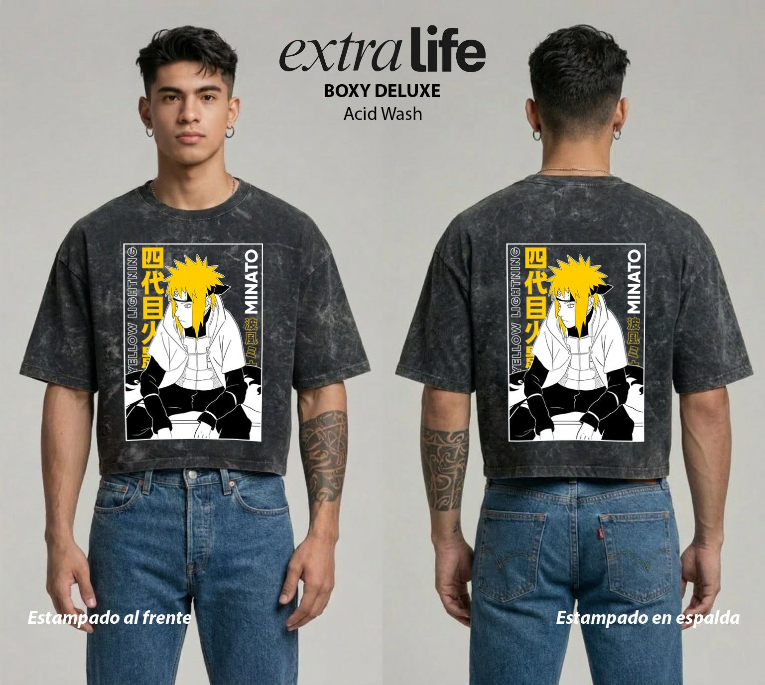 Playera streetwear premium de anime y gaming ExtraLife MX, corte boxy deluxe mineral wash heavyweight en color Acid Wash, moda urbana mexicana de culto.