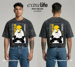 Playera streetwear premium de anime y gaming ExtraLife MX, corte boxy deluxe mineral wash heavyweight en color Acid Wash, moda urbana mexicana de culto.