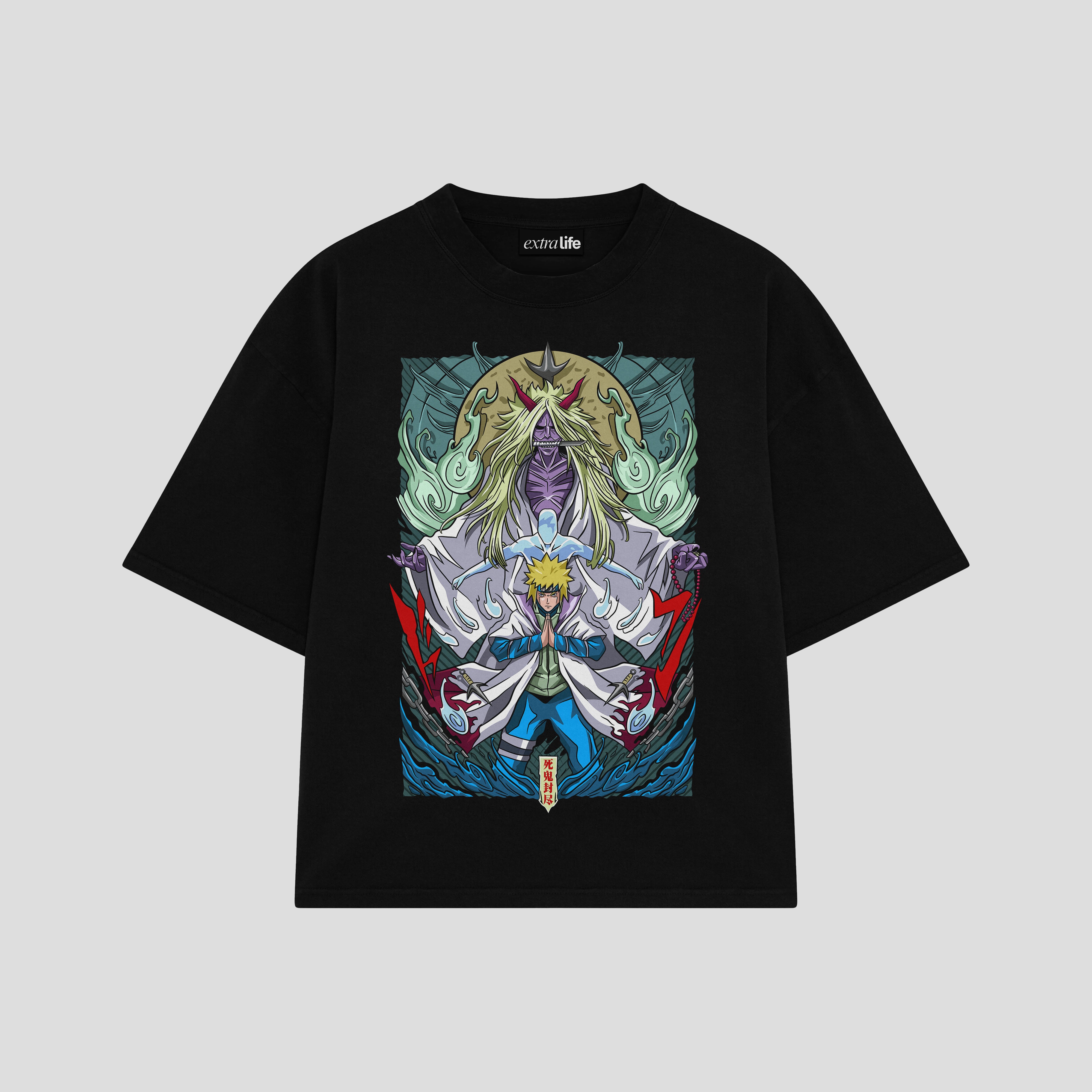 Playera streetwear premium de anime y gaming ExtraLife MX, corte boxy oversized drop shoulder heavyweight en color Deep Black y Off-White, moda urbana mexicana de culto.