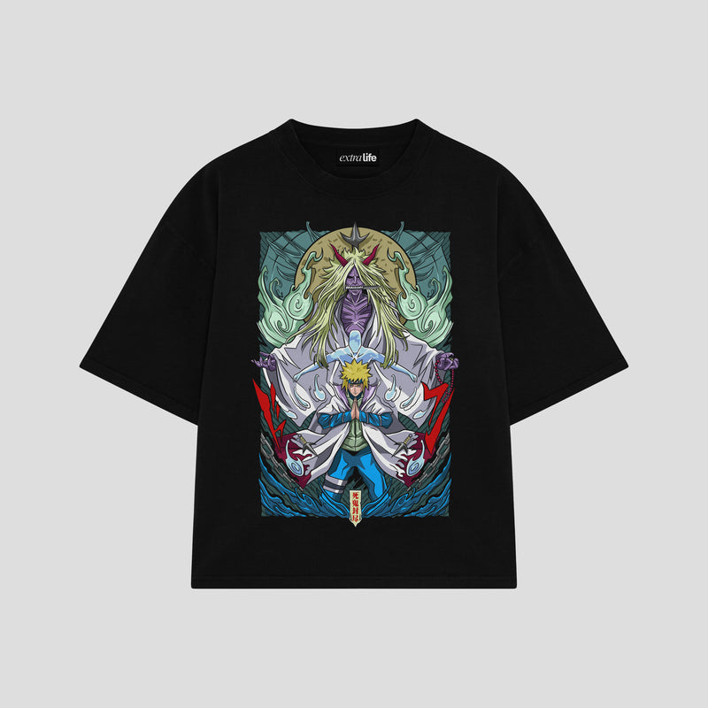 Playera streetwear premium de anime y gaming ExtraLife MX, corte boxy oversized drop shoulder heavyweight en color Deep Black y Off-White, moda urbana mexicana de culto.