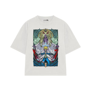 Playera streetwear premium de anime y gaming ExtraLife MX, corte boxy oversized drop shoulder heavyweight en color Deep Black y Off-White, moda urbana mexicana de culto.