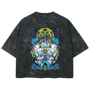 Playera streetwear premium de anime y gaming ExtraLife MX, corte boxy deluxe mineral wash heavyweight en color Acid Wash, moda urbana mexicana de culto.