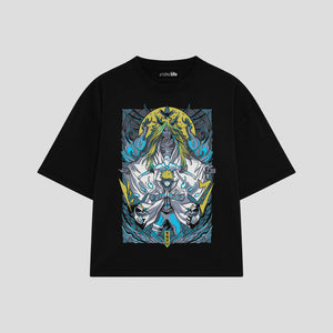 Playera streetwear premium de anime y gaming ExtraLife MX, corte boxy oversized drop shoulder heavyweight en color Deep Black y Off-White, moda urbana mexicana de culto.