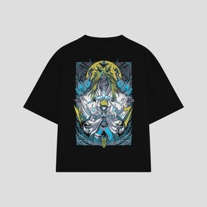 Playera streetwear premium de anime y gaming ExtraLife MX, corte boxy oversized drop shoulder heavyweight en color Deep Black y Off-White, moda urbana mexicana de culto.