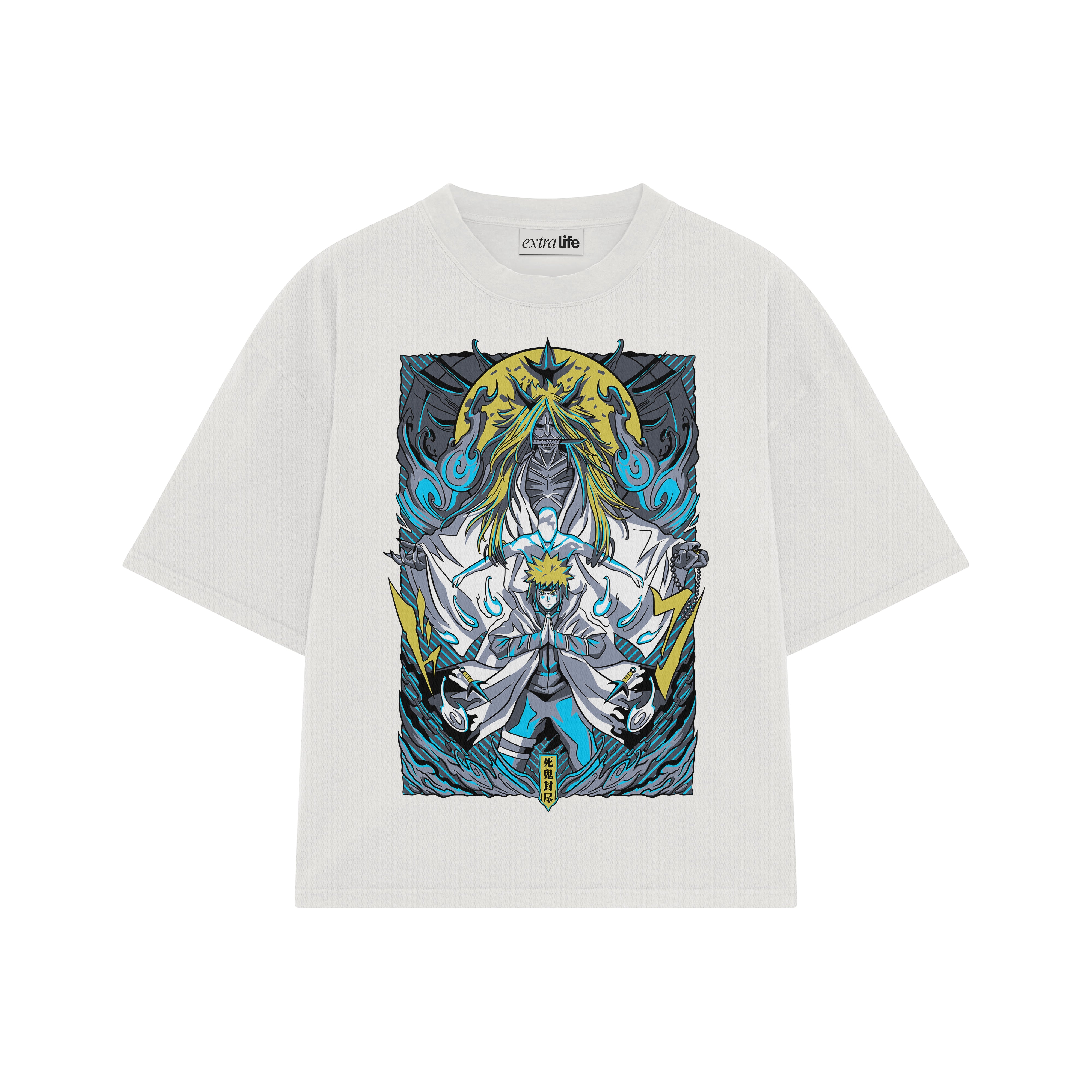 Playera streetwear premium de anime y gaming ExtraLife MX, corte boxy oversized drop shoulder heavyweight en color Deep Black y Off-White, moda urbana mexicana de culto.