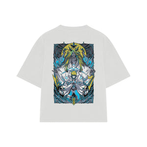 Playera streetwear premium de anime y gaming ExtraLife MX, corte boxy oversized drop shoulder heavyweight en color Deep Black y Off-White, moda urbana mexicana de culto.